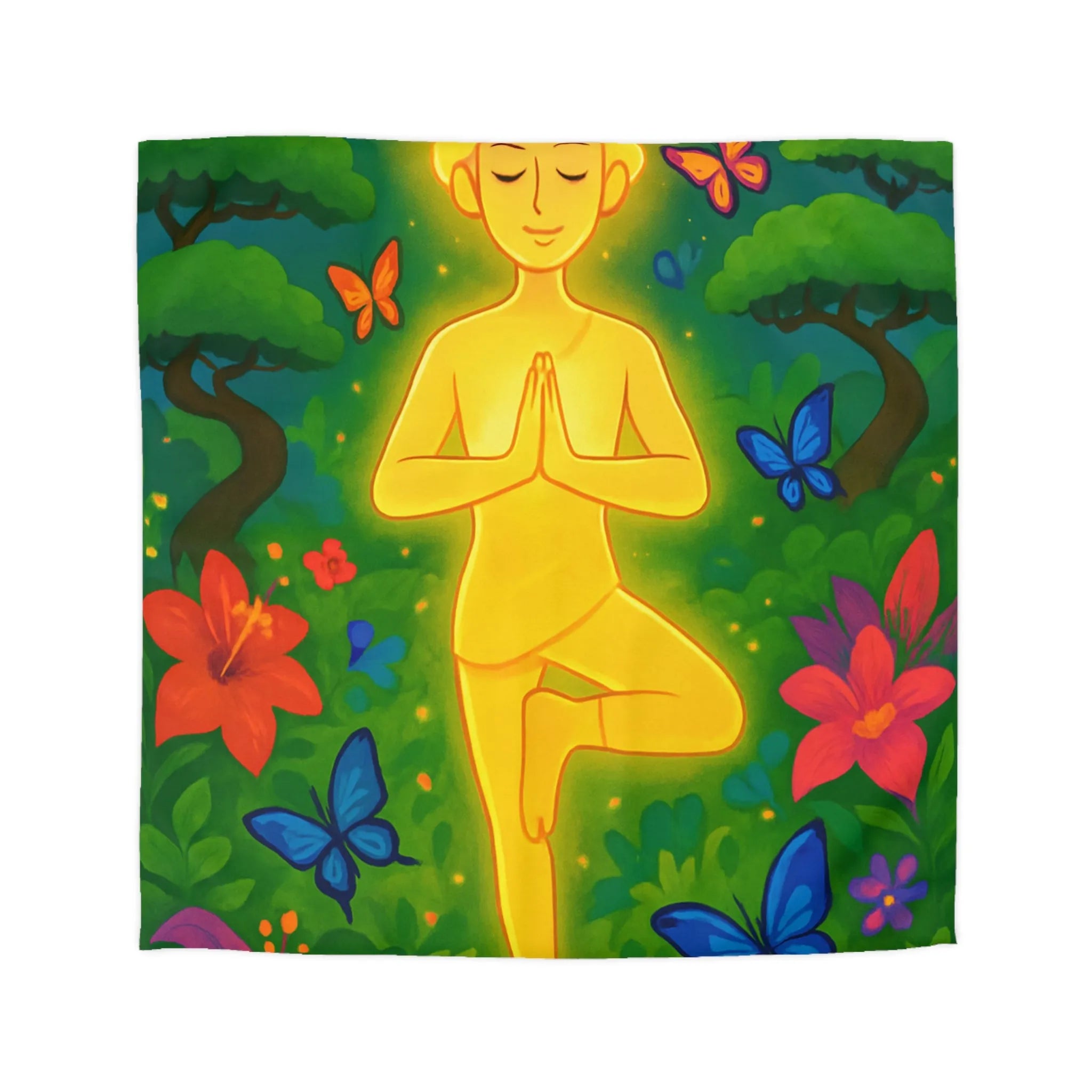 Housse de Couette avec Design Méditatif et Papillons Multicolores en Forêt Luxuriante