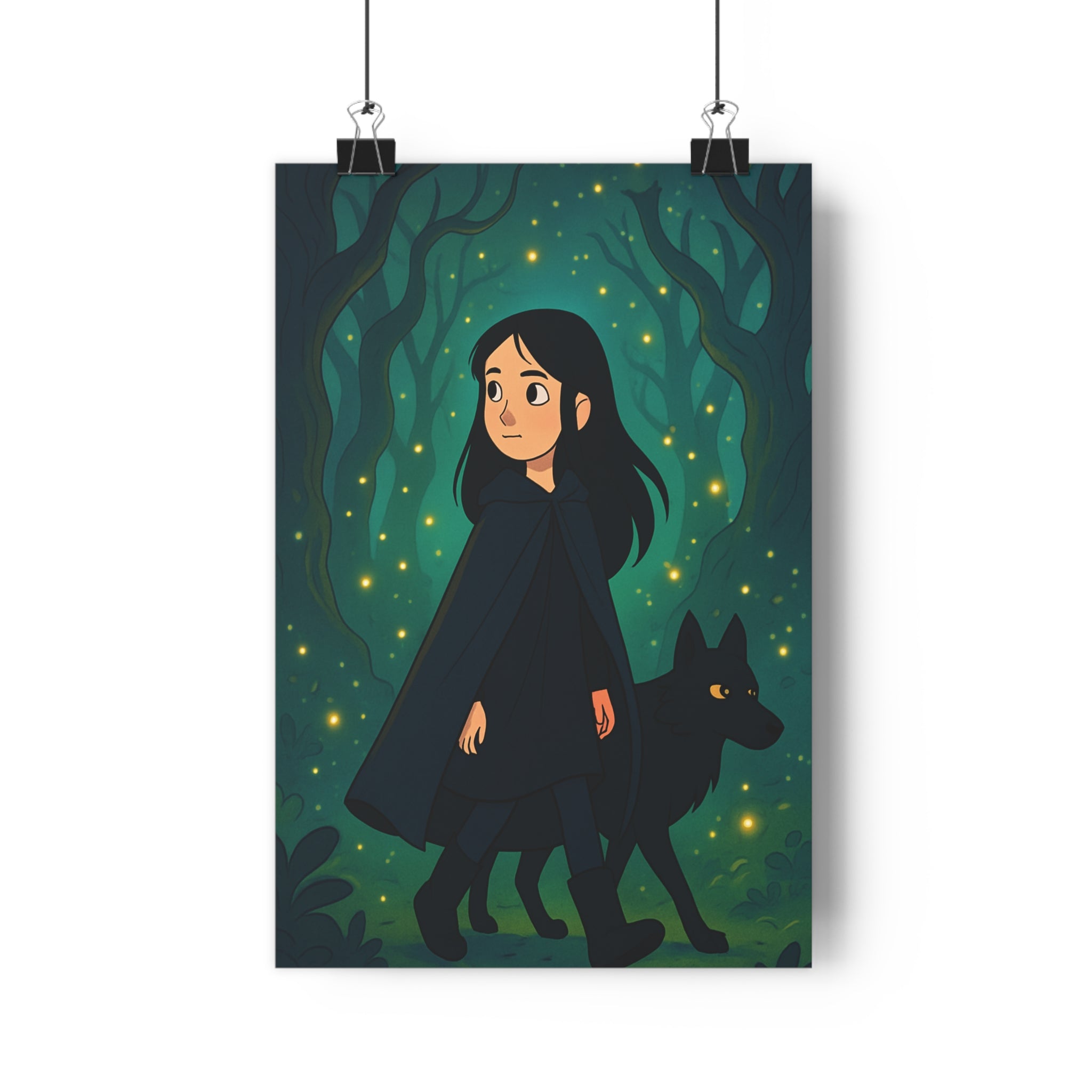 Poster décoratif adolescent mystérieux loup noir forêt enchantée vert bleu magique chambre ambiance qualité