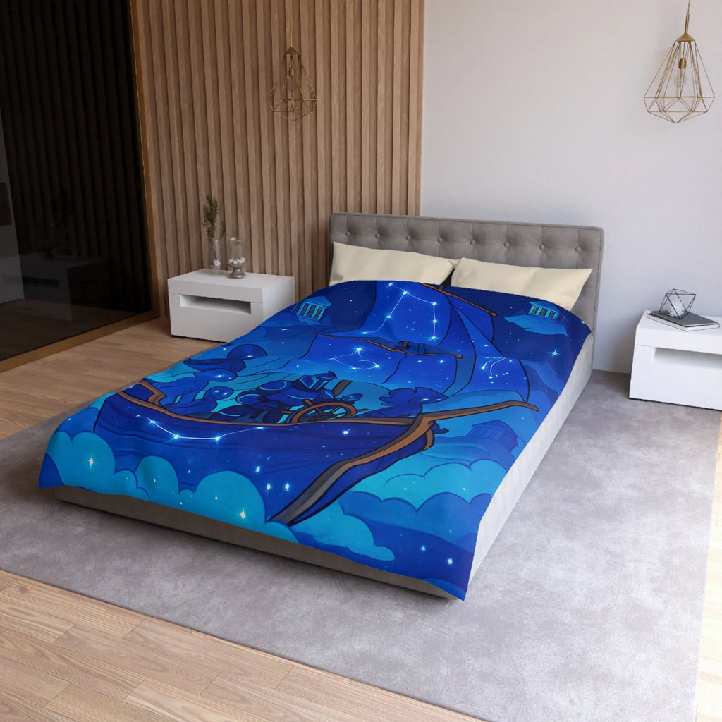 Housse de Couette Inspirée Ciel Étoilé avec Bateau et Constellations Bleu Nuit