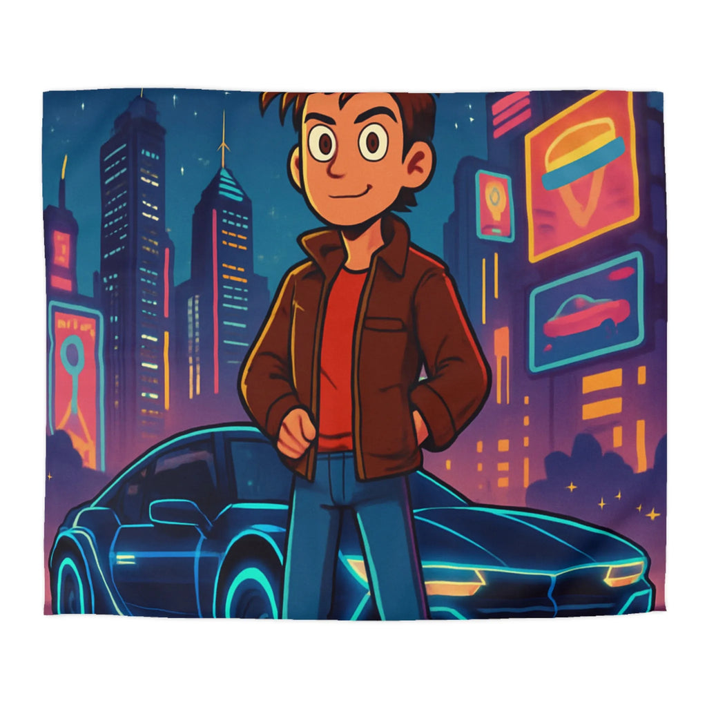 Housse de Couette Future Enfant Ville Nocturne Néons Jeune Garçon et Voiture