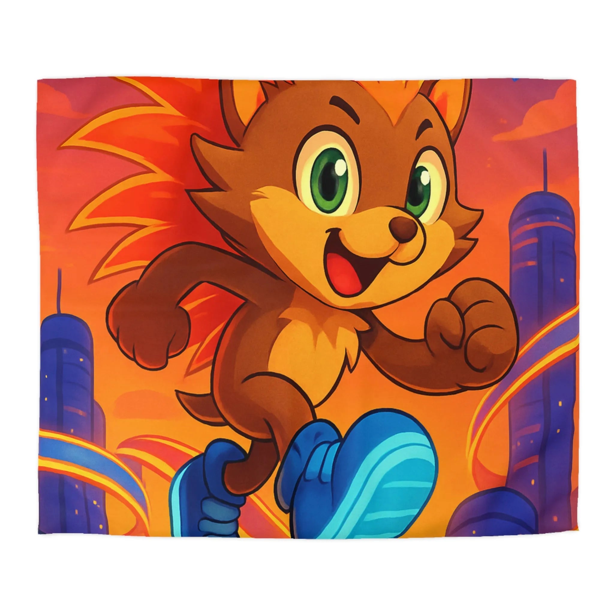 Housse de couette avec hérisson coloré courant dans une ville futuriste au coucher du soleil