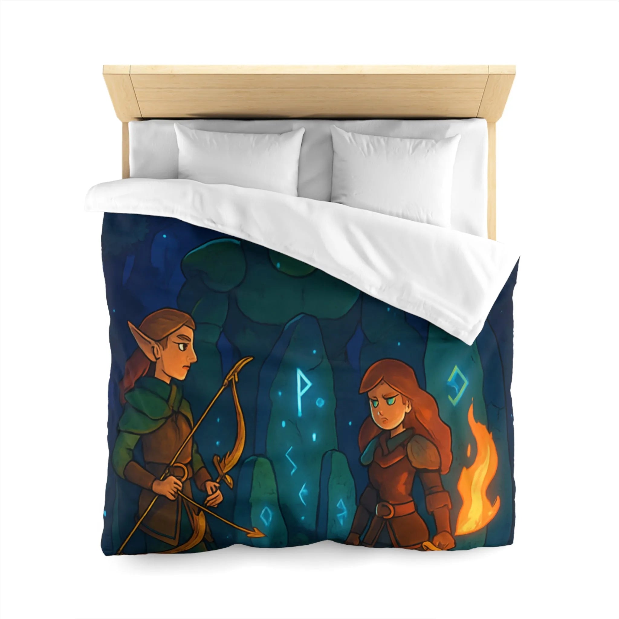 Housse de couette avec illustration de forêt mystique illuminée par runes magiques et lune