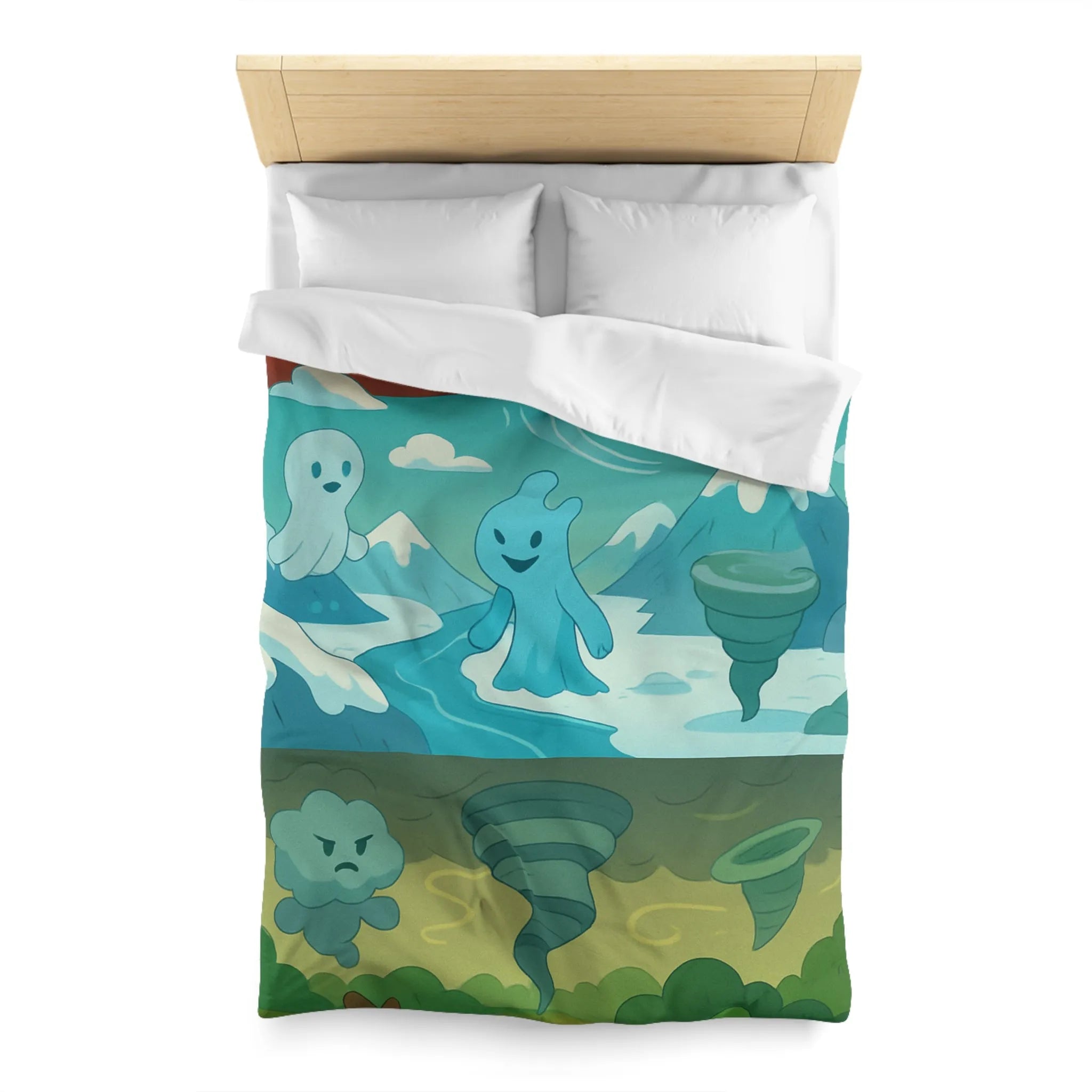 Housse de couette illustrant esprits élémentaires dans des paysages fantastiques vibrants et colorés
