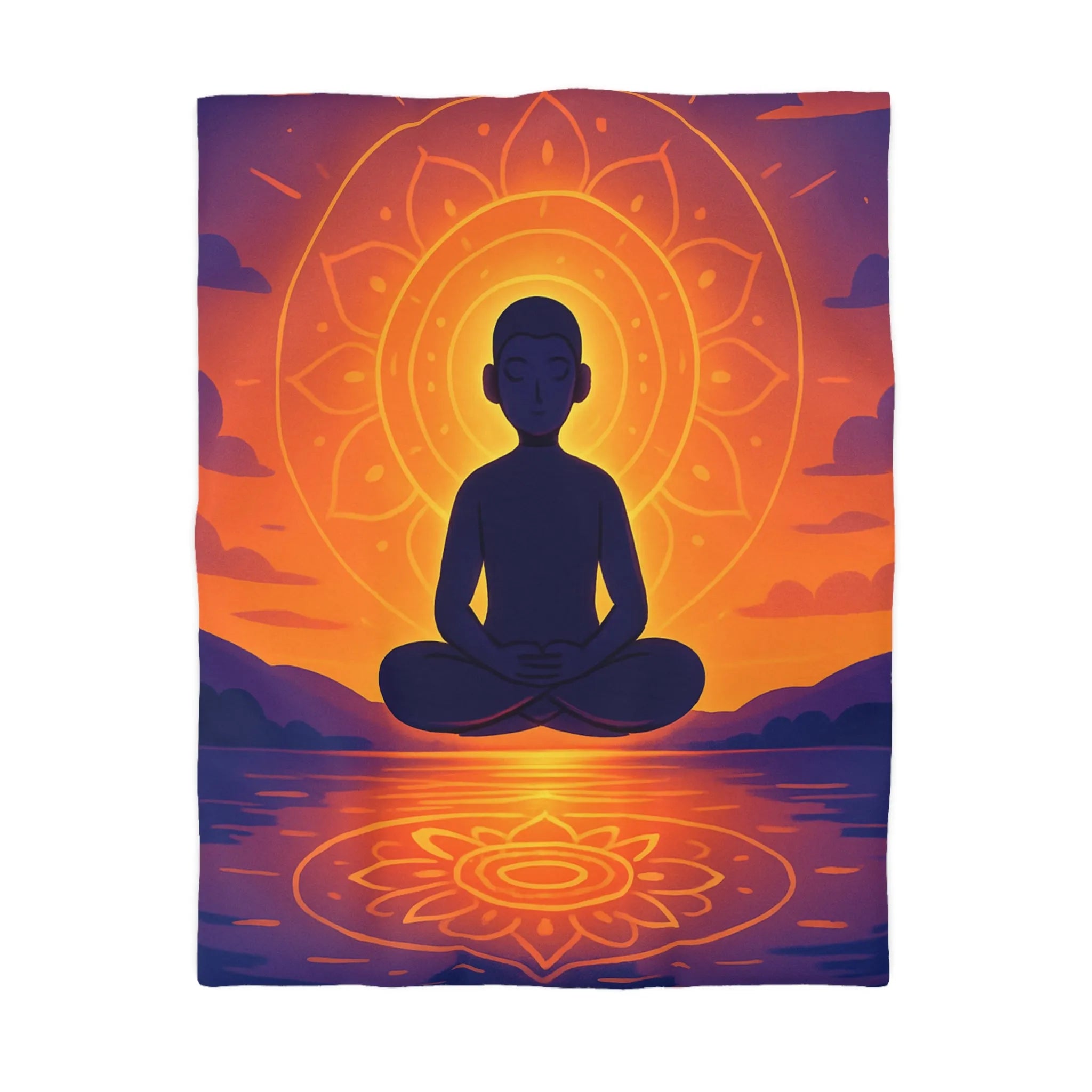 Housse de couette méditation silhouette au coucher de soleil avec reflet mandala lumineux