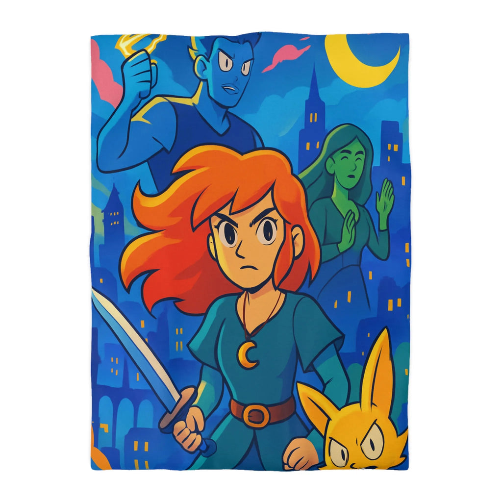 Housse de couette héroïque avec épée, ville nocturne et créatures fantastiques colorées