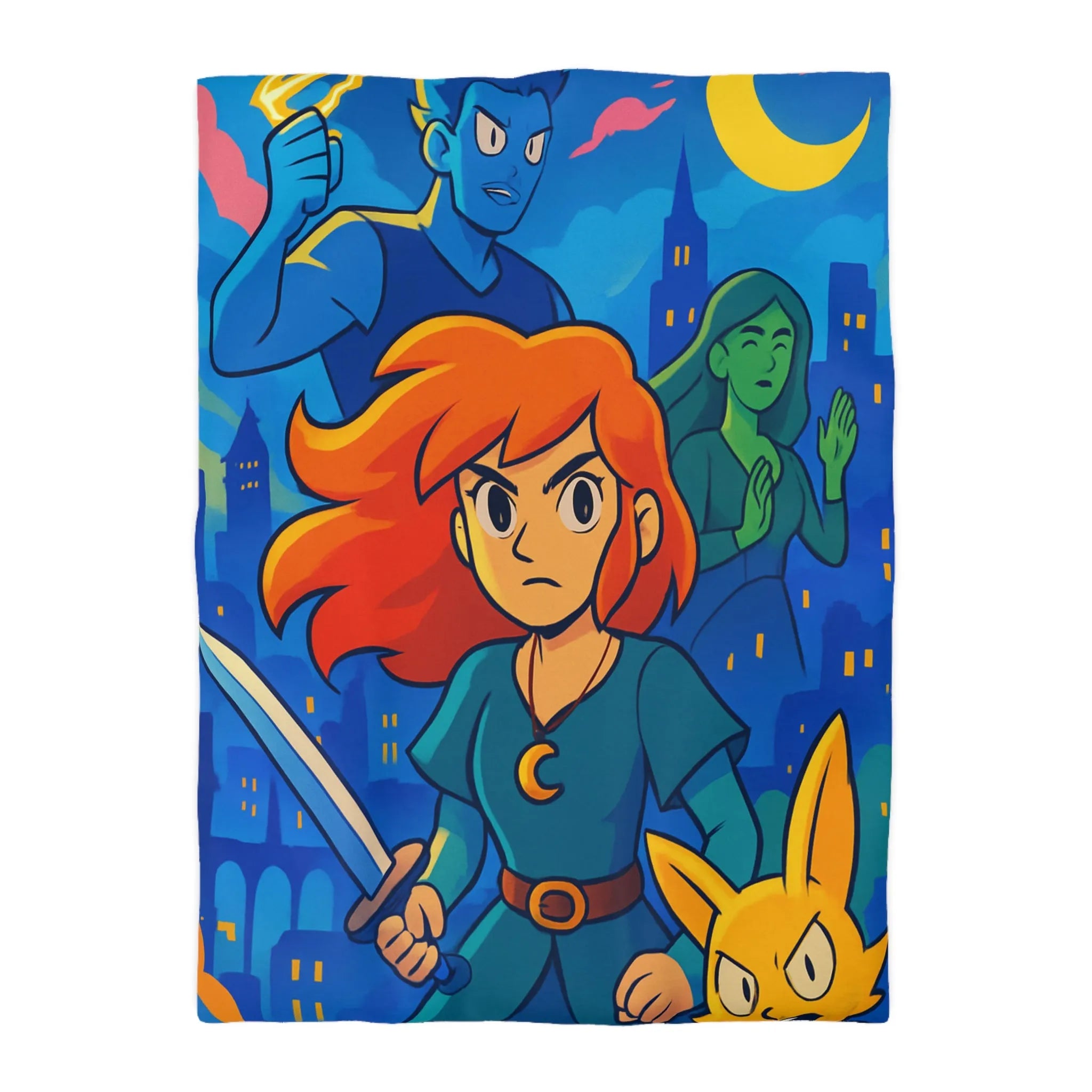 Housse de couette héroïque avec épée, ville nocturne et créatures fantastiques colorées