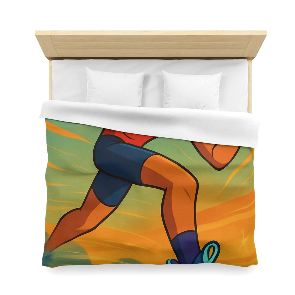 Housse de couette dynamique coureur stylisé accélérant sur fond d’énergie vibrante
