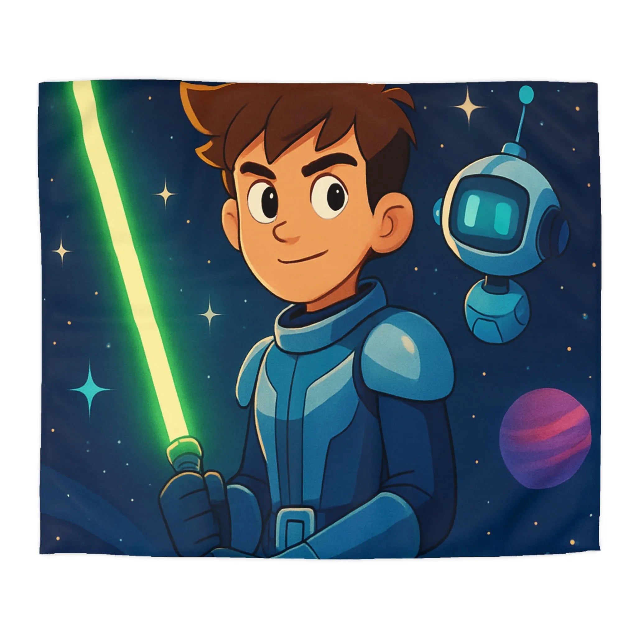 Housse de couette galactique avec enfant et robot, étoiles scintillantes et planètes colorées