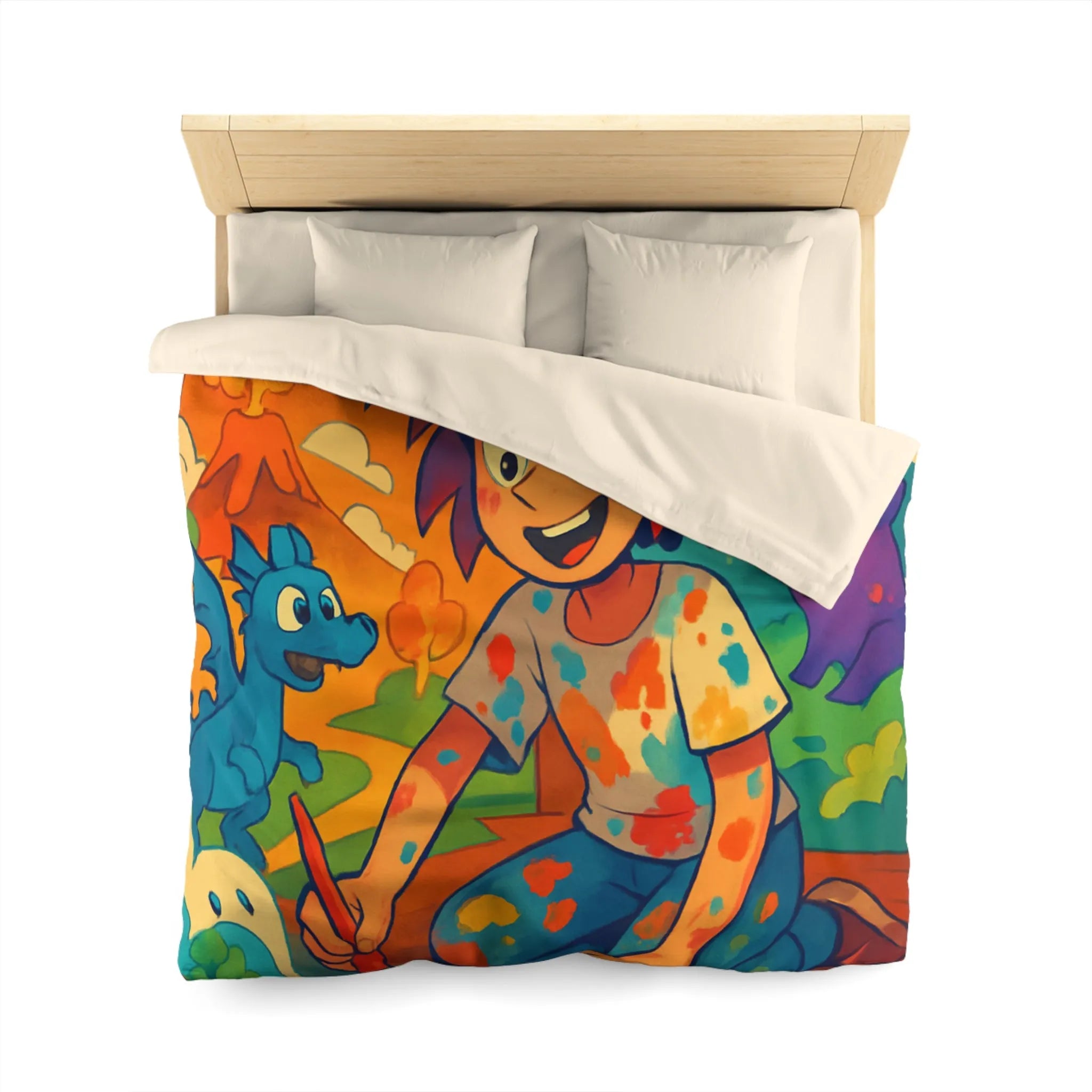 Housse de couette colorée illustrée avec enfant créatif et créatures fantastiques joyeuses