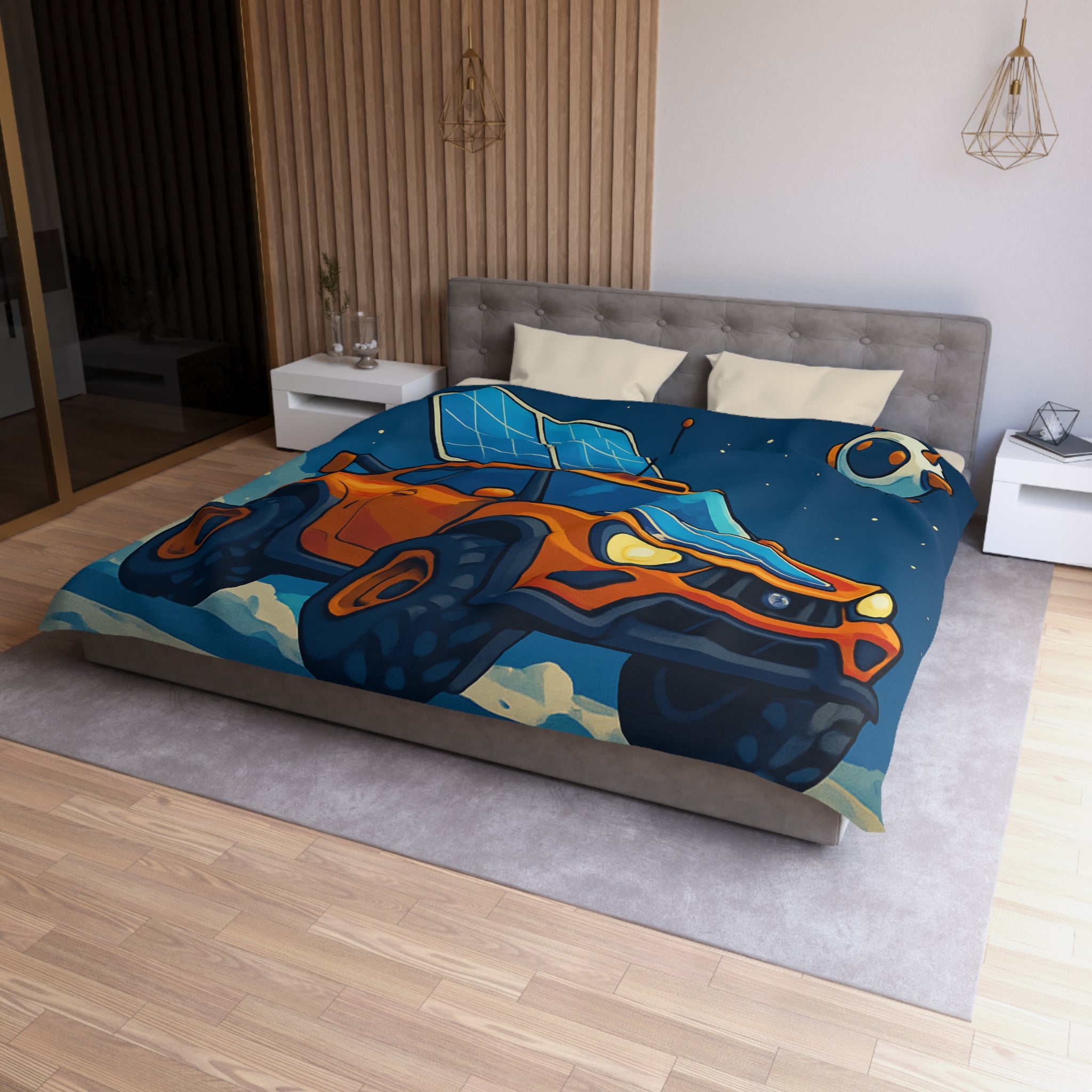 Housse de couette spatiale avec voiture orange et robots sur fond lunaire captivant