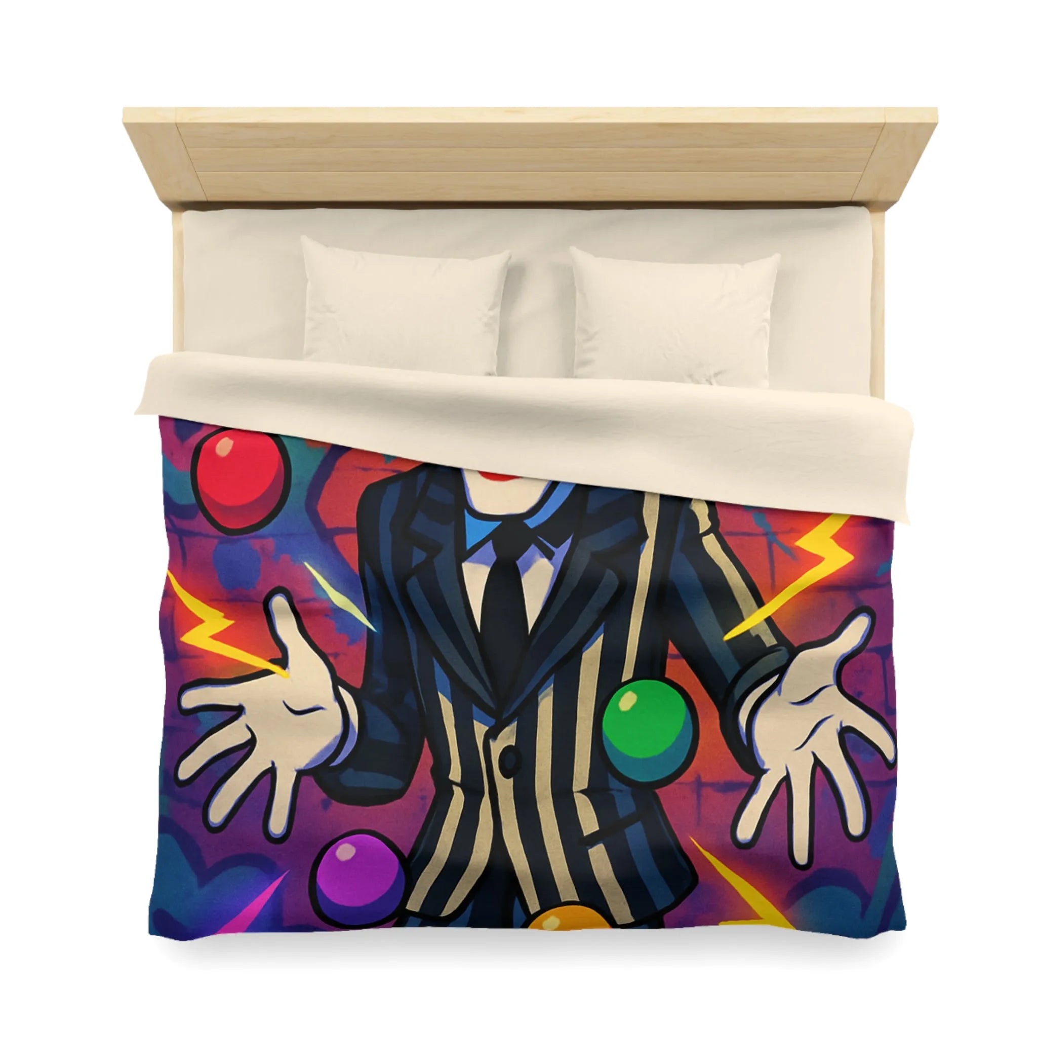 Housse de couette clown rayé jonglant avec des éclairs et des formes colorées