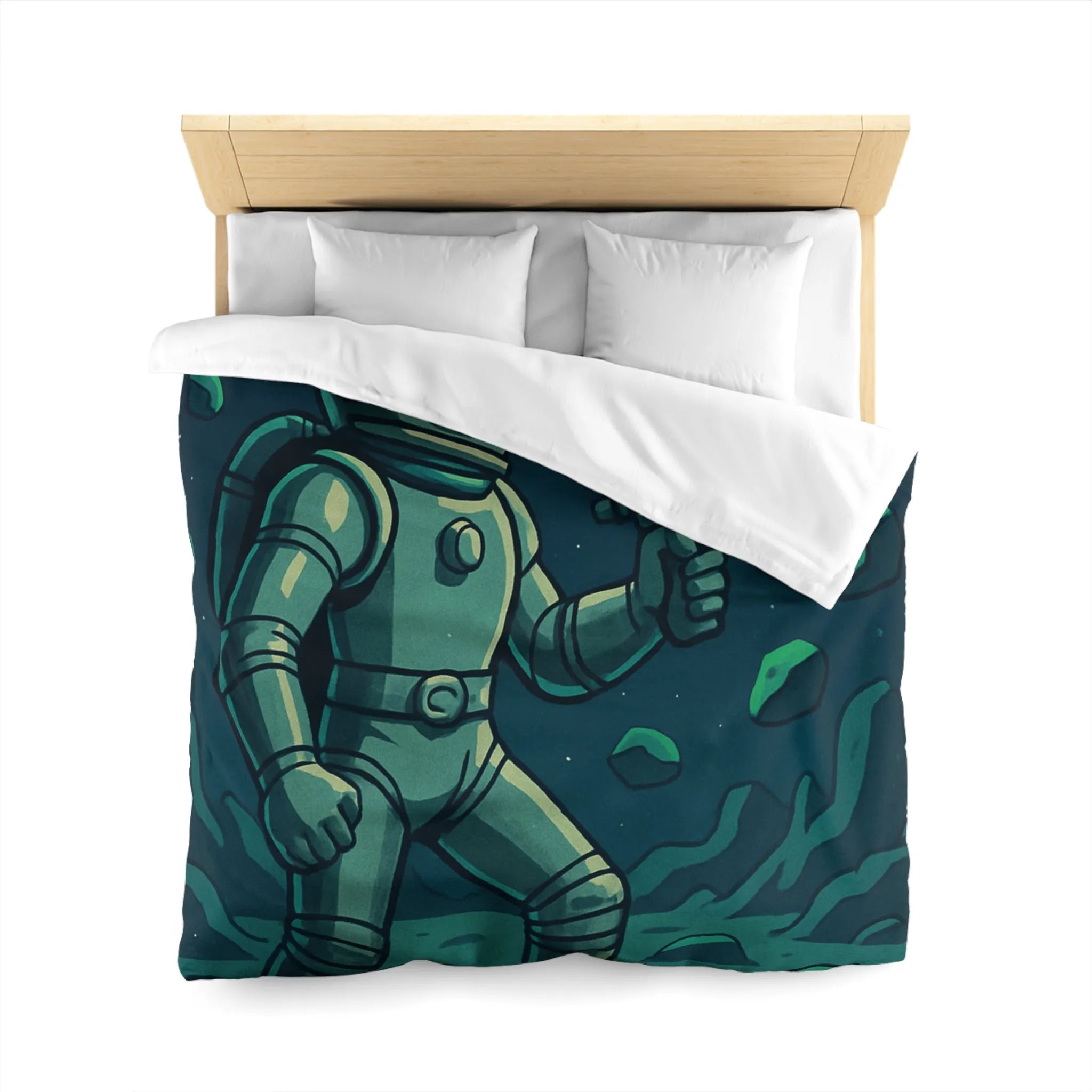 Exploration spatiale rétro avec astronaute et soucoupe volante sur fond nocturne stellaire