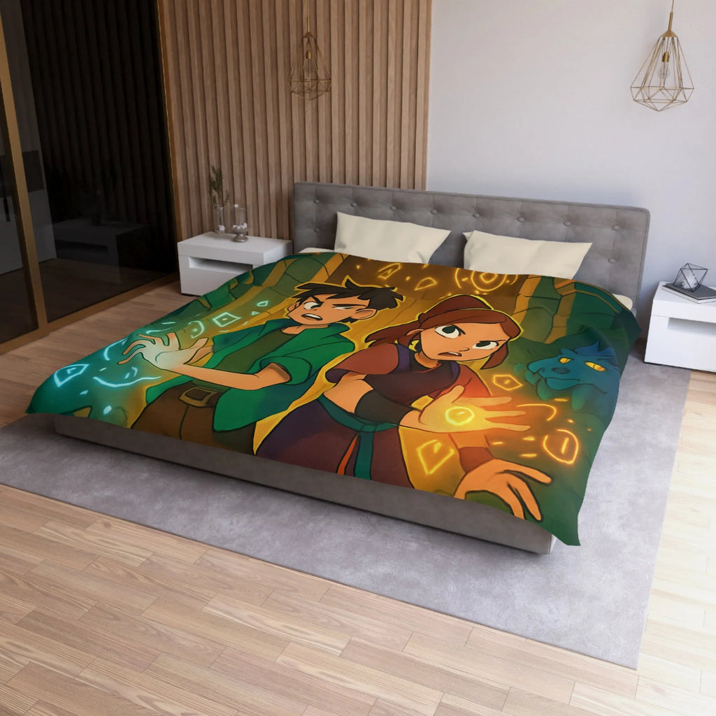 Housse de Couette Magique avec Enfants et Symboles Lumineux Devant un Portail Mystique
