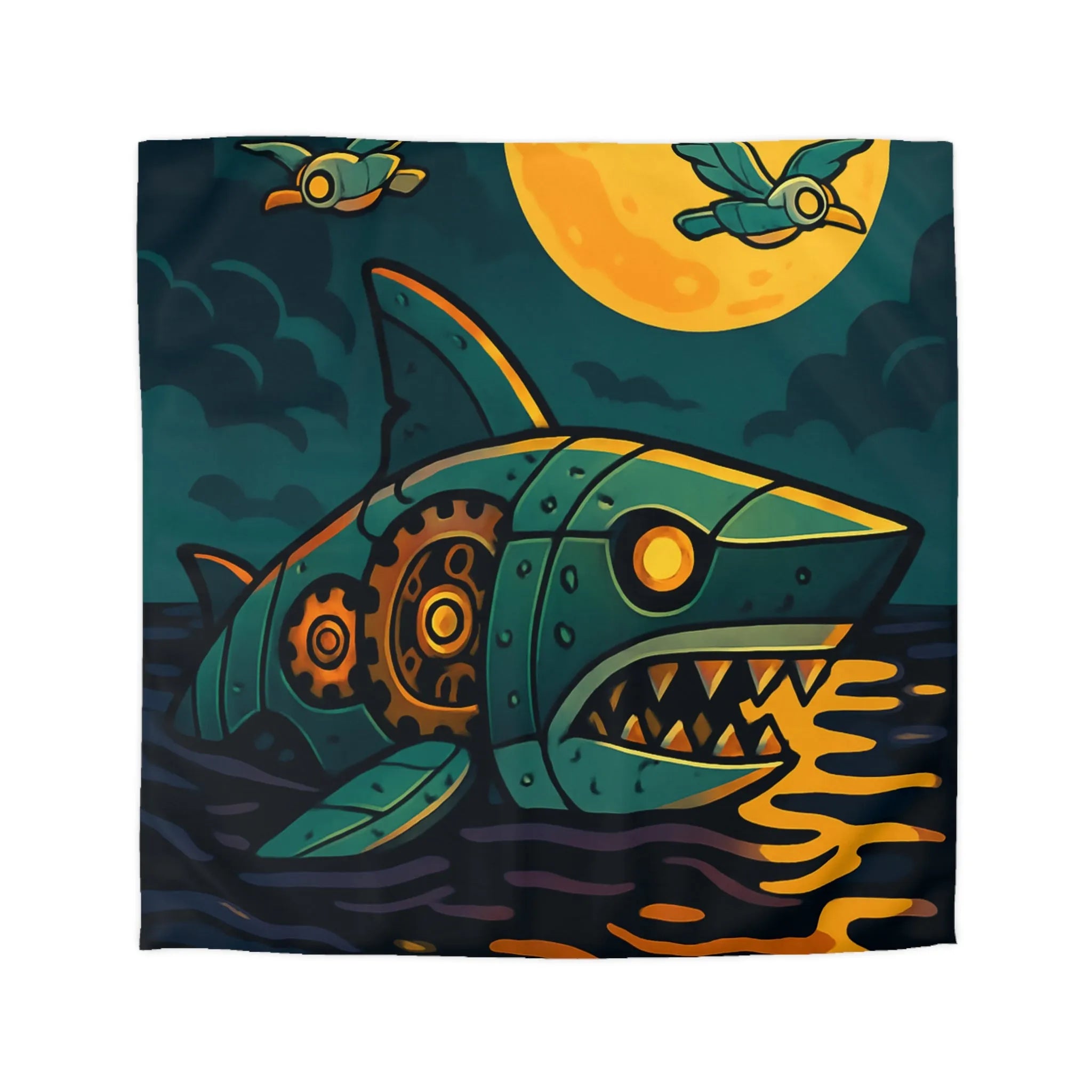 Housse de couette colorée avec requin mécanique sous lune dorée et oiseaux stylisés