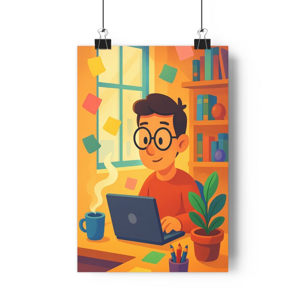 Poster décoratif cartoon pastel bureau paisible chaleureux plante notes sourire travail design ambiance qualité