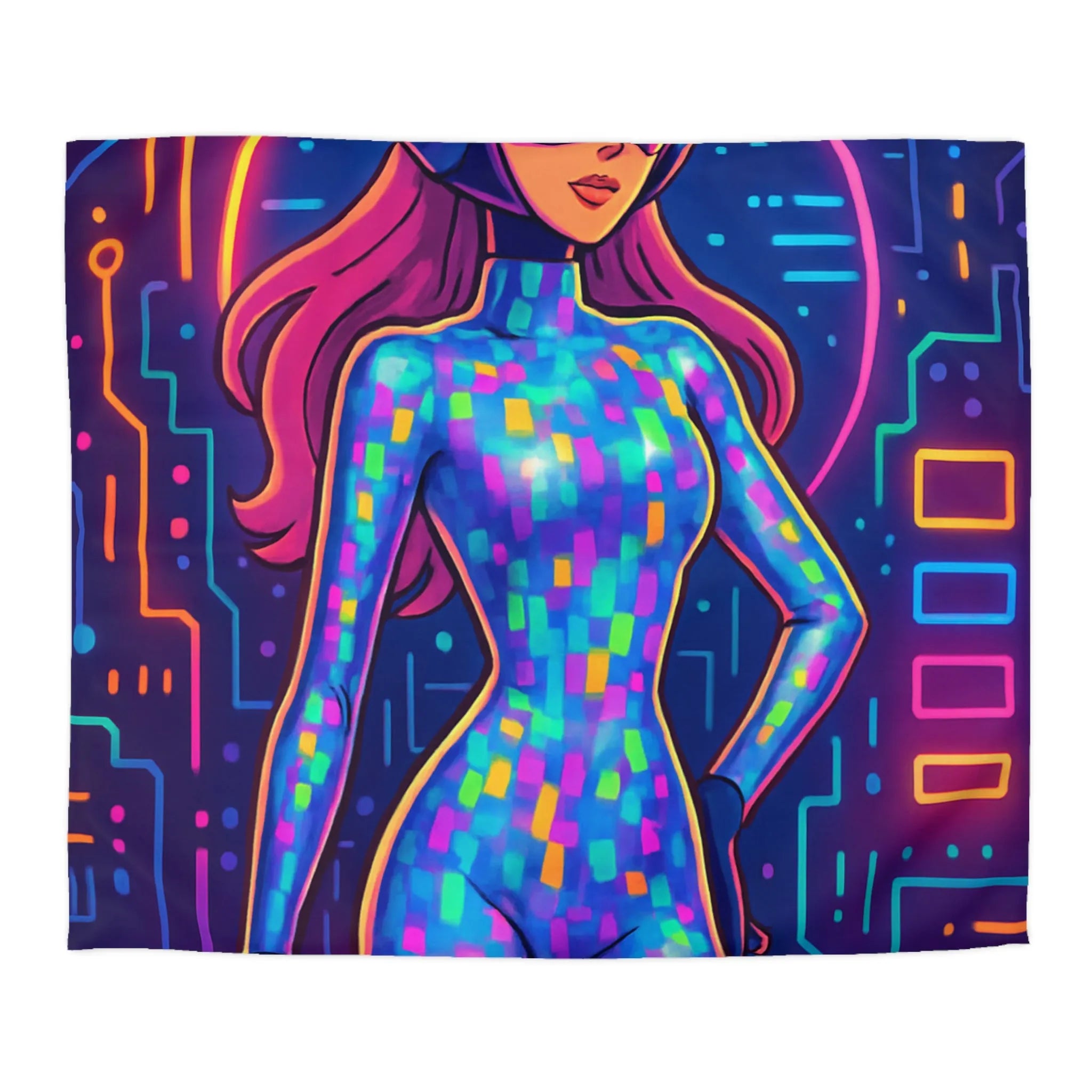 Housse de couette futuriste néon avec motif de femme cyborg colorée et lumineuse