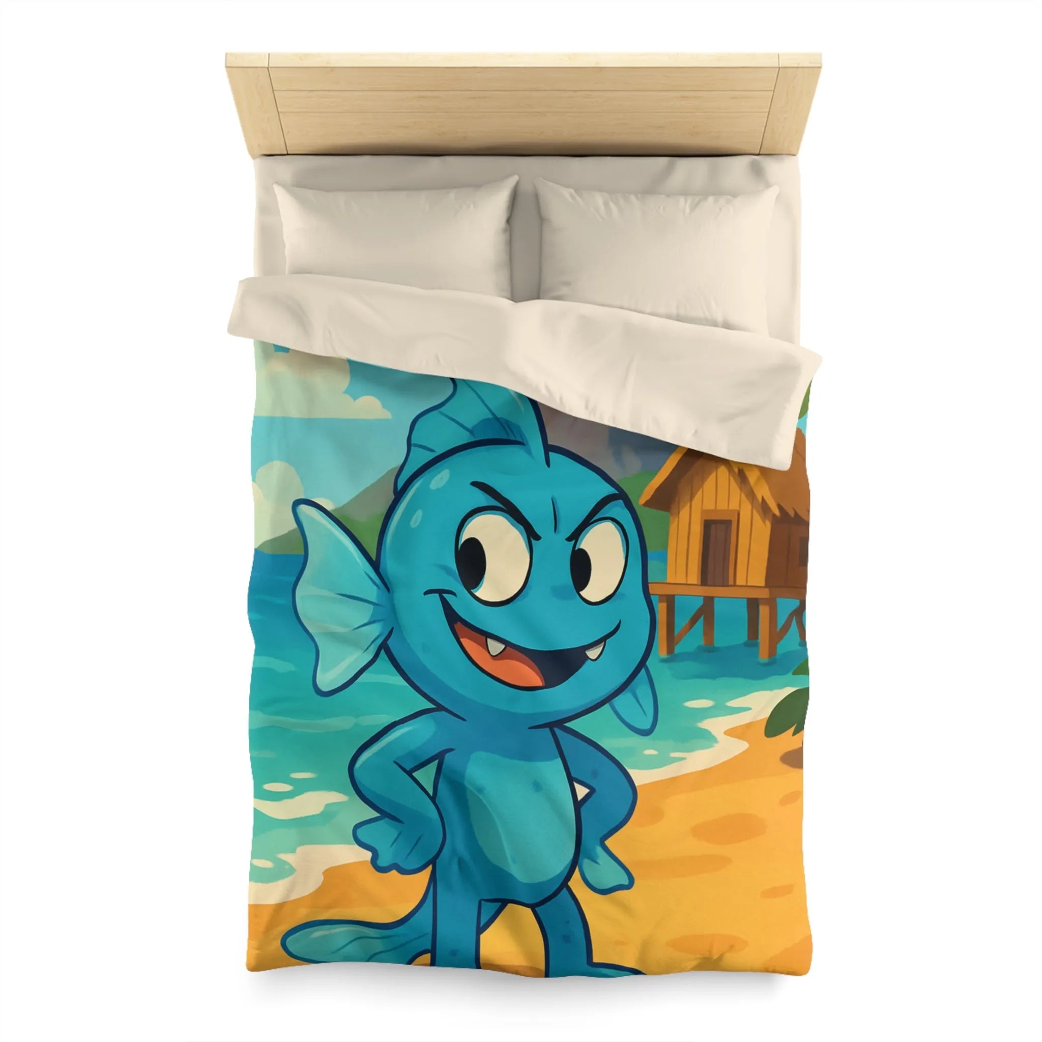 Housse de couette île tropicale avec poisson bleu et volcan en arrière-plan