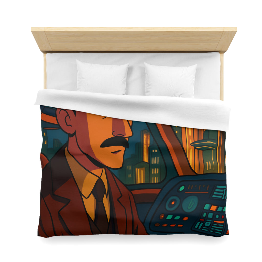Housse de couette rétro-futuriste avec illustration de ville et pilote dans vaisseau