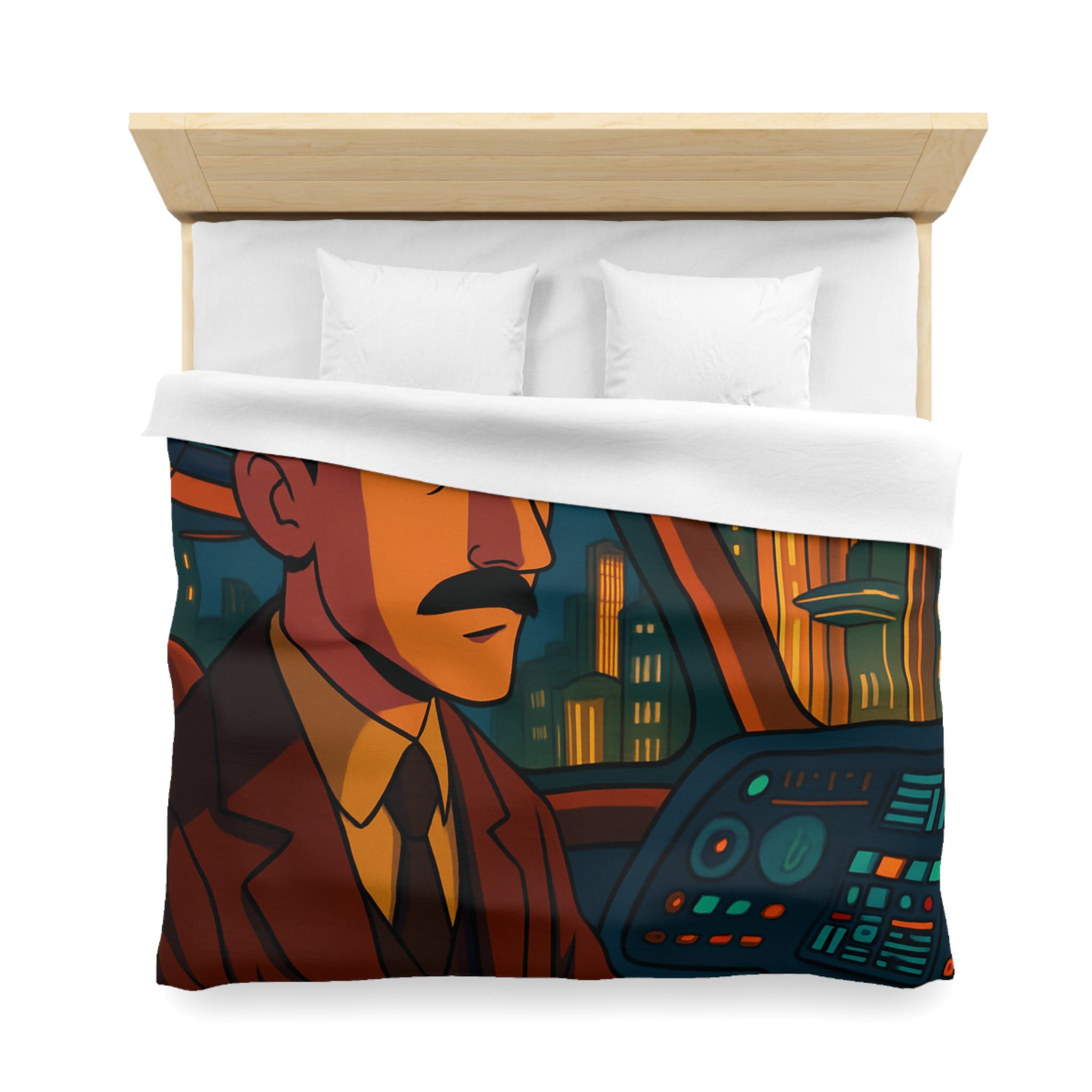 Housse de couette rétro-futuriste avec illustration de ville et pilote dans vaisseau