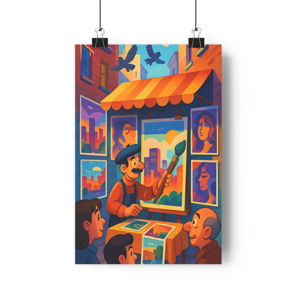 Poster décoratif urbain animé artiste bleu orange violet salon bureau contemporain vibrant design élégant