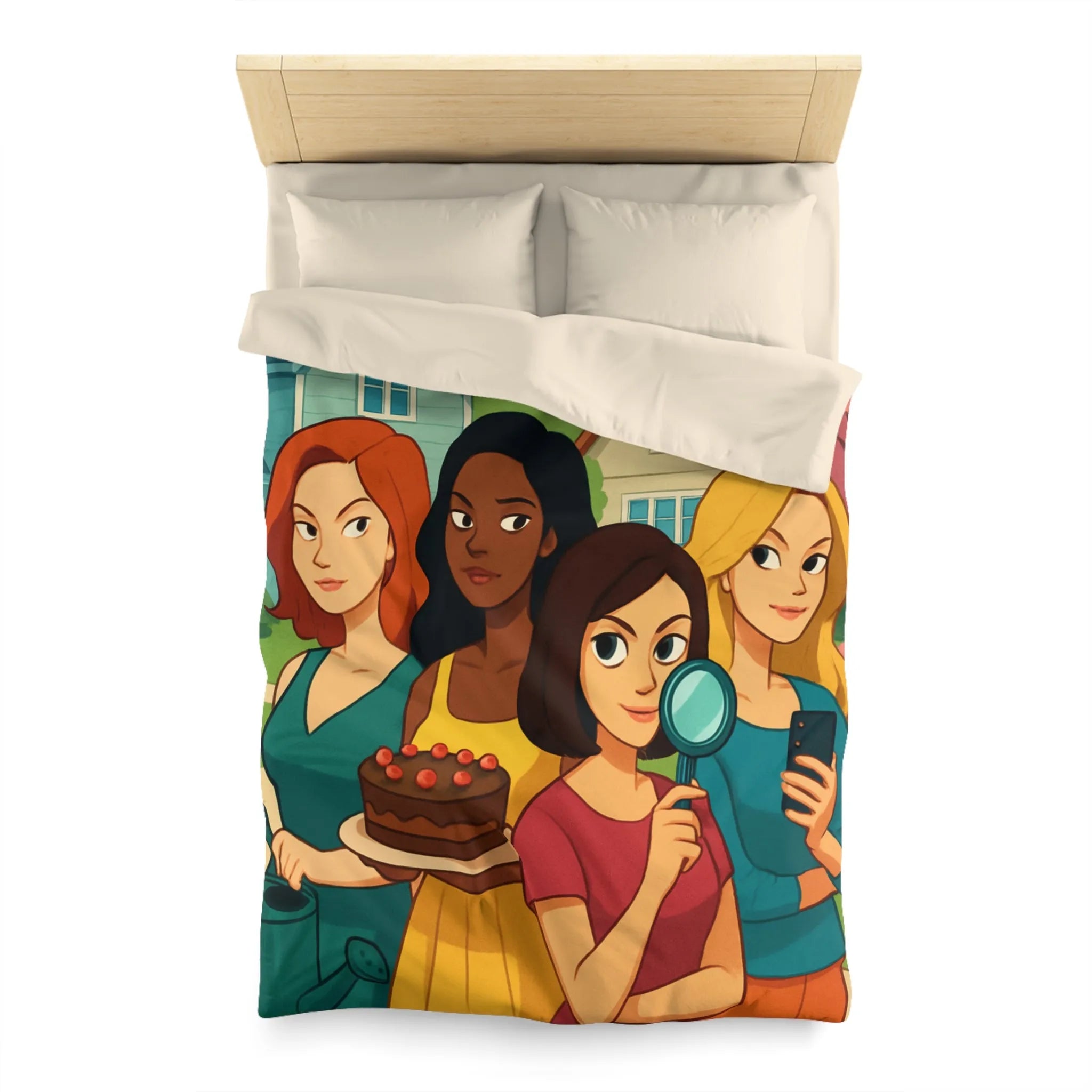 Housse de Couette Illustrée Fête Femme Jardin avec Loupe Gâteau et Téléphone