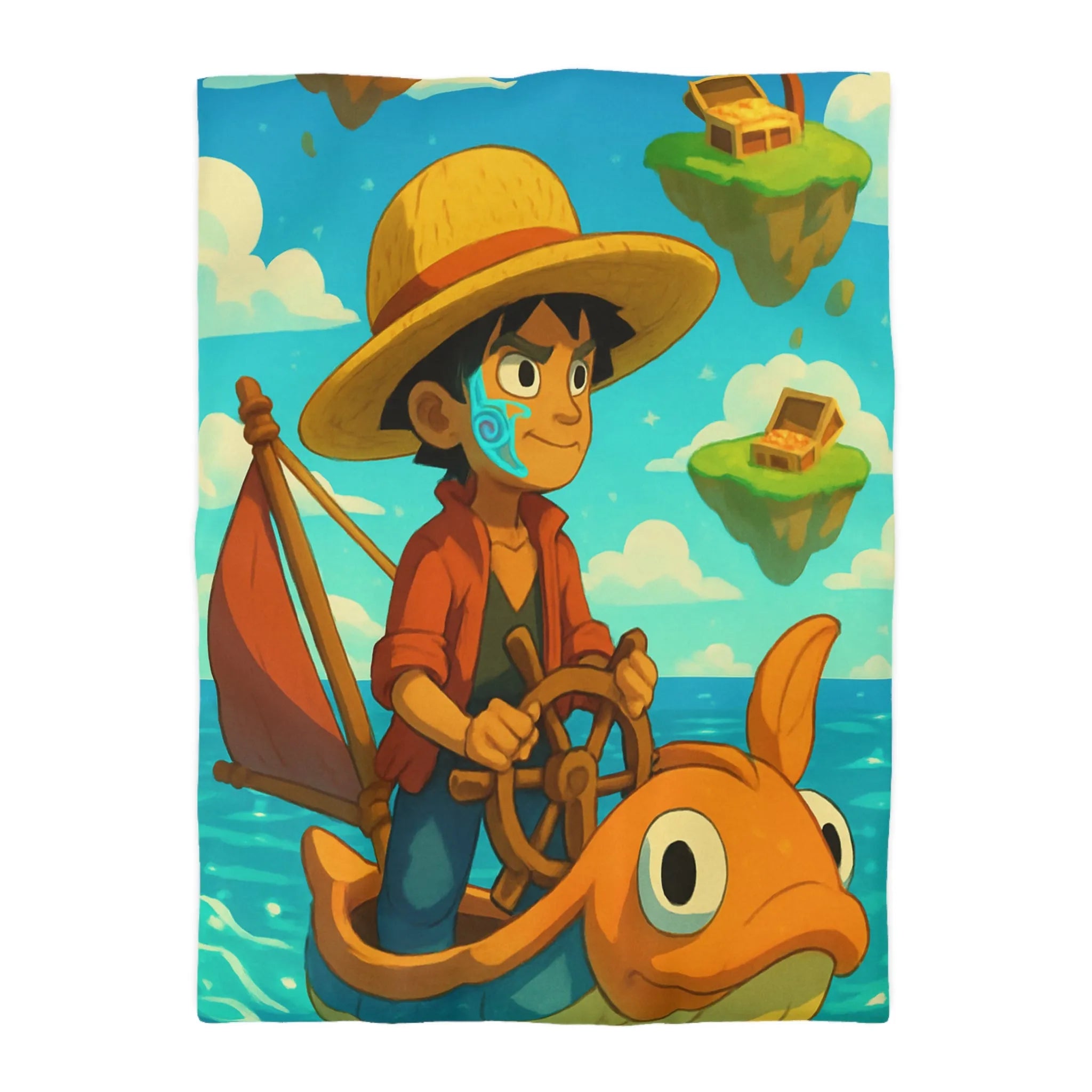 Housse de couette embarcation colorée sur océan turquoise avec îles flottantes et trésors