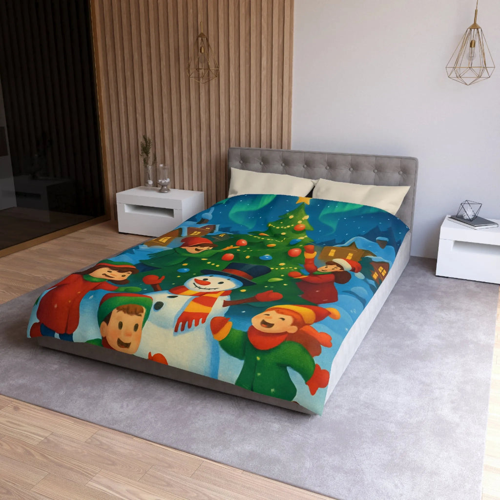 Housse de couette enfants scène festive avec bonhomme de neige et aurore boréale lumineuse