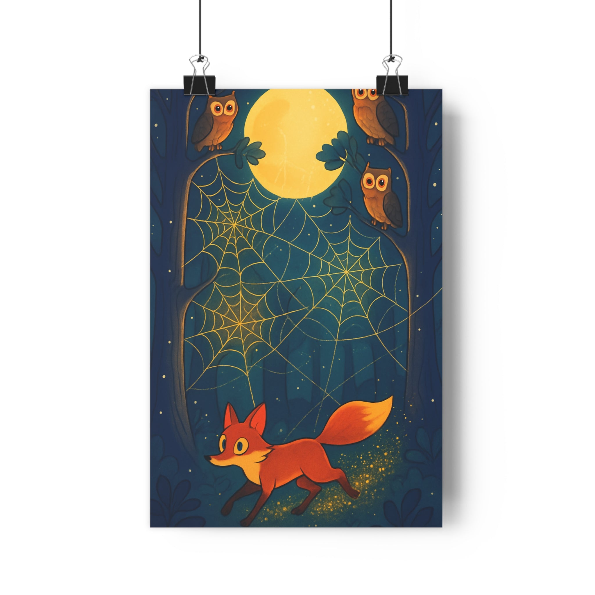 Poster décoratif mystique renard orange hiboux forêt nocturne cartoon chambre salon nature éclairage lumineux