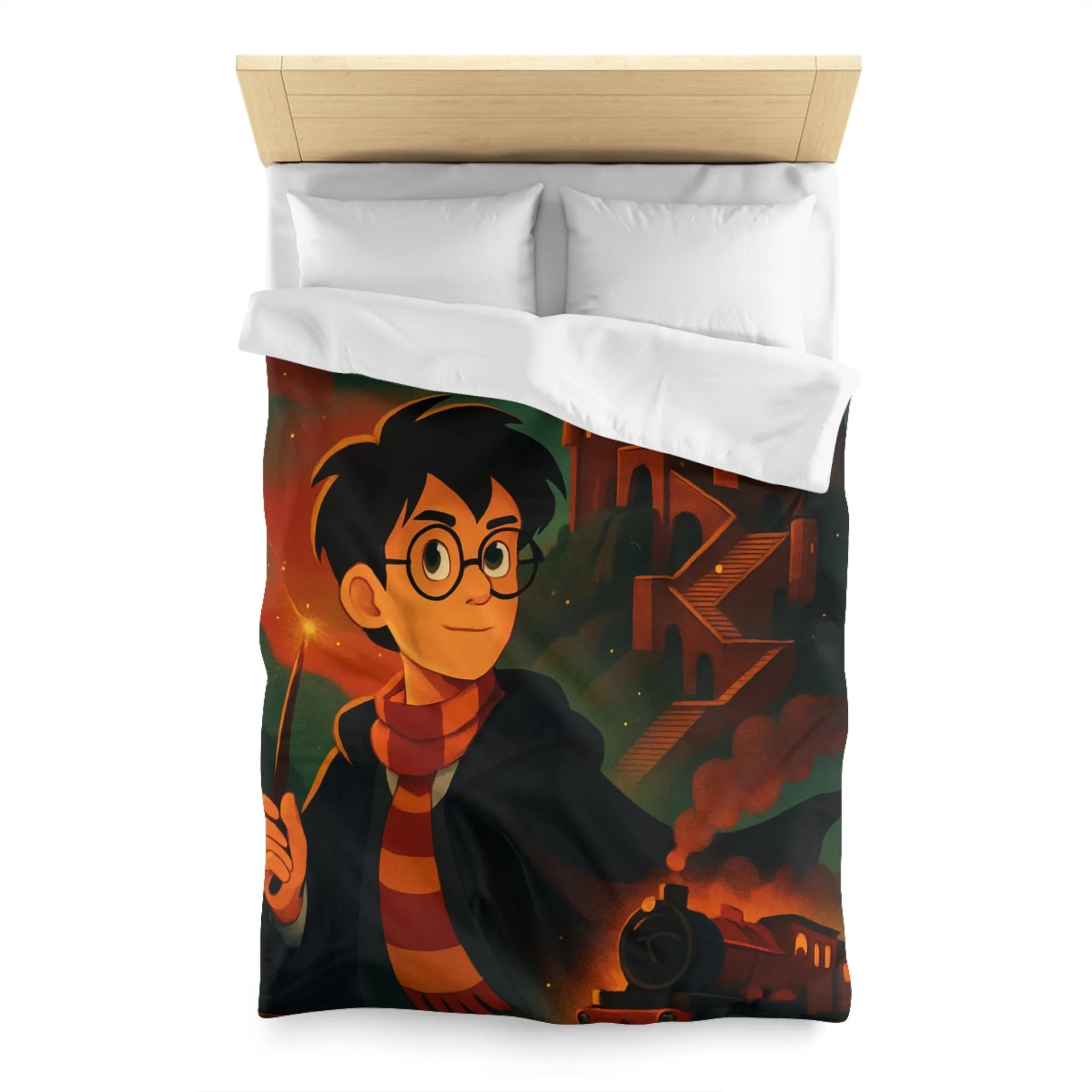 Housse de couette magique avec jeune sorcier, hibou, château et train en fond