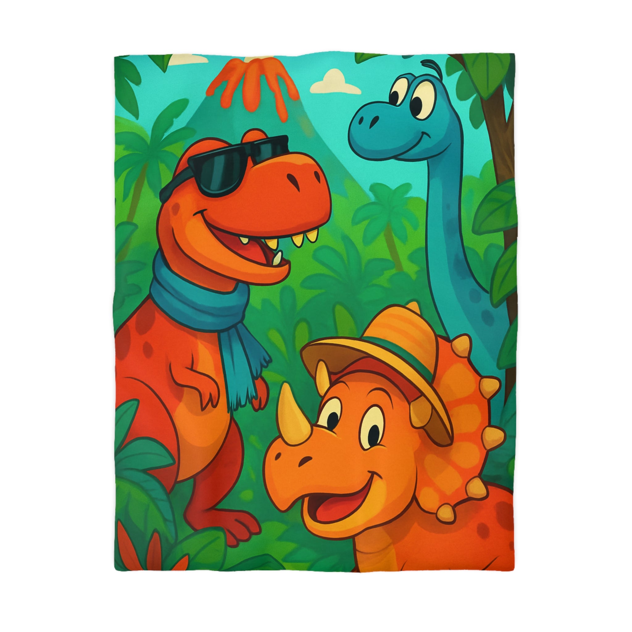 Housse de couette pour enfants avec dinosaures joyeux dans une jungle colorée et ludique