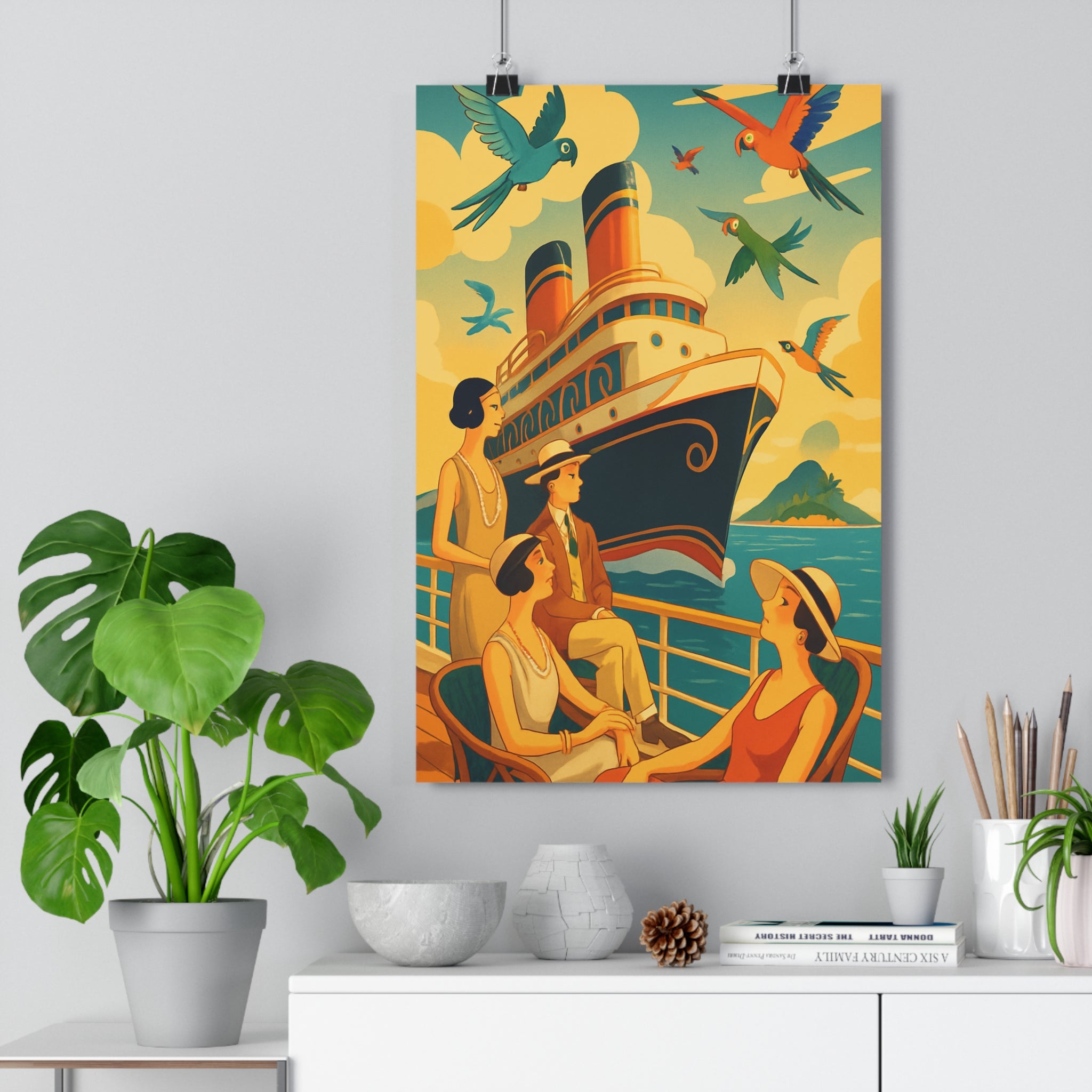 Poster décoratif art déco bleu vert orange cartoon exotique tropical salon chambre élégant voyage