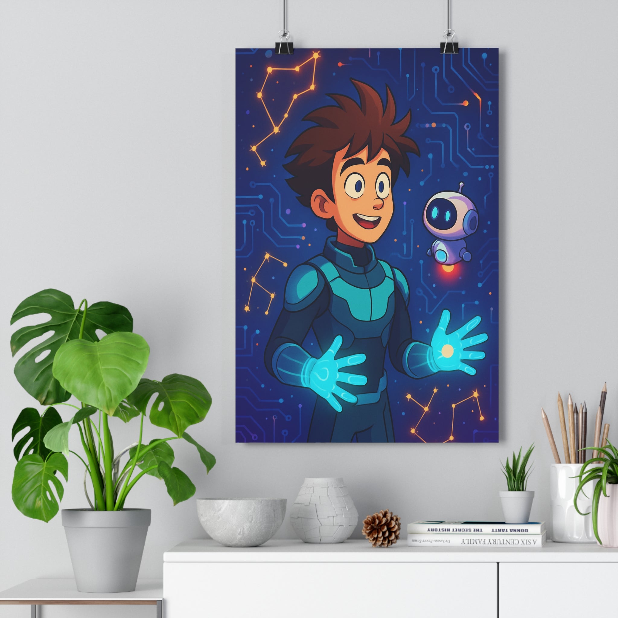 Poster décoratif futuriste bleu orange héros circuits modernes enfant chambre bureau dynamique 30x46 qualité