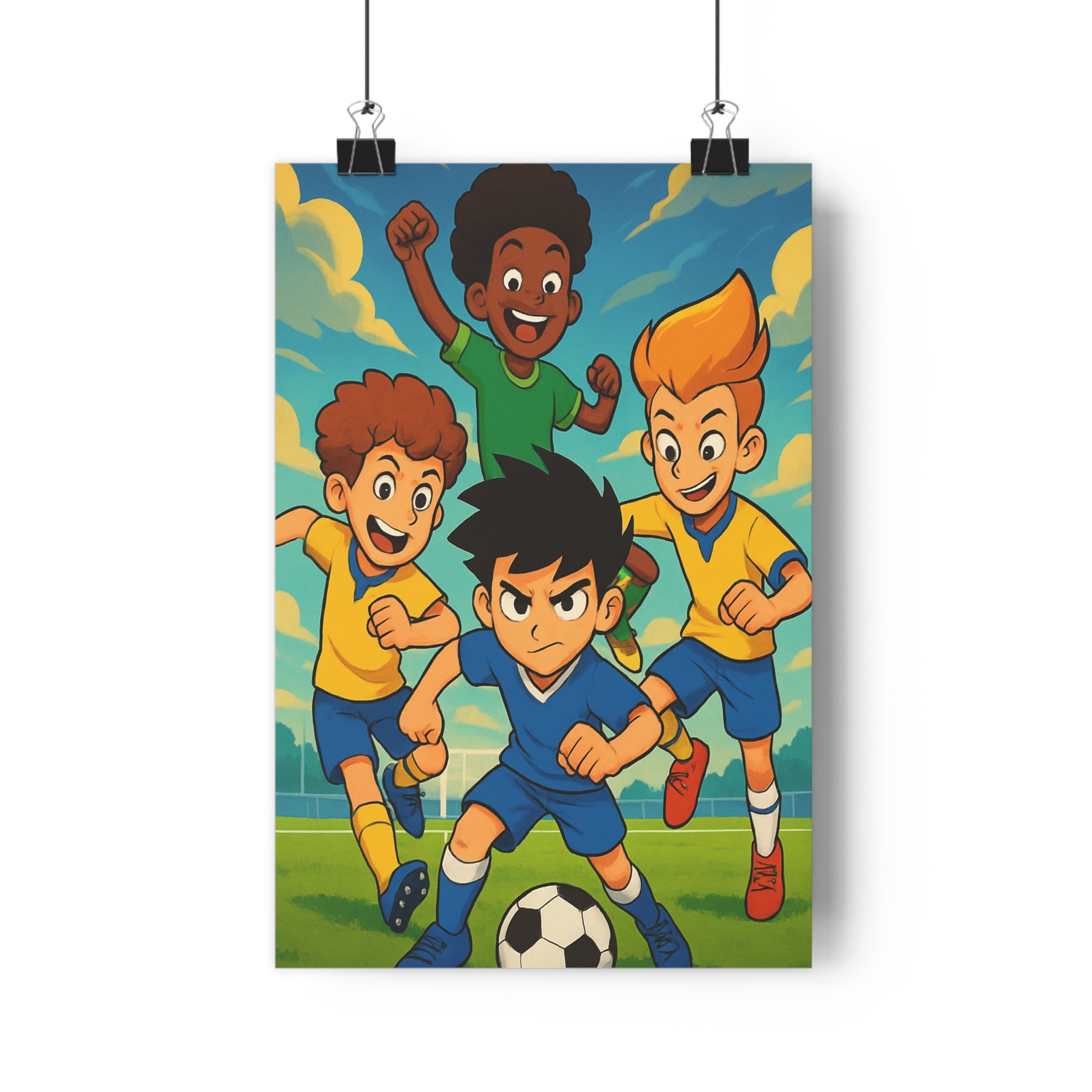 Poster décoratif cartoon football enfant joyeux dynamique coloré chambre énergie motivation passion détermination terrain