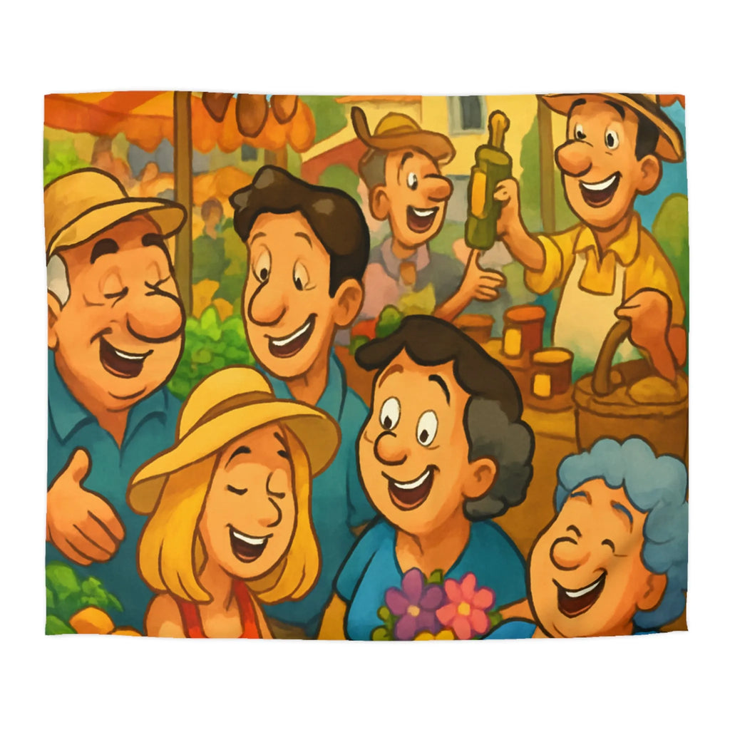 Housse de couette avec illustration joyeuse d'un marché animé et coloré