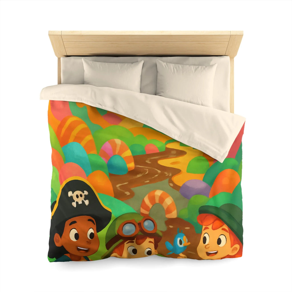 Housse de couette ludique pour enfants avec château et aventuriers aux couleurs vives