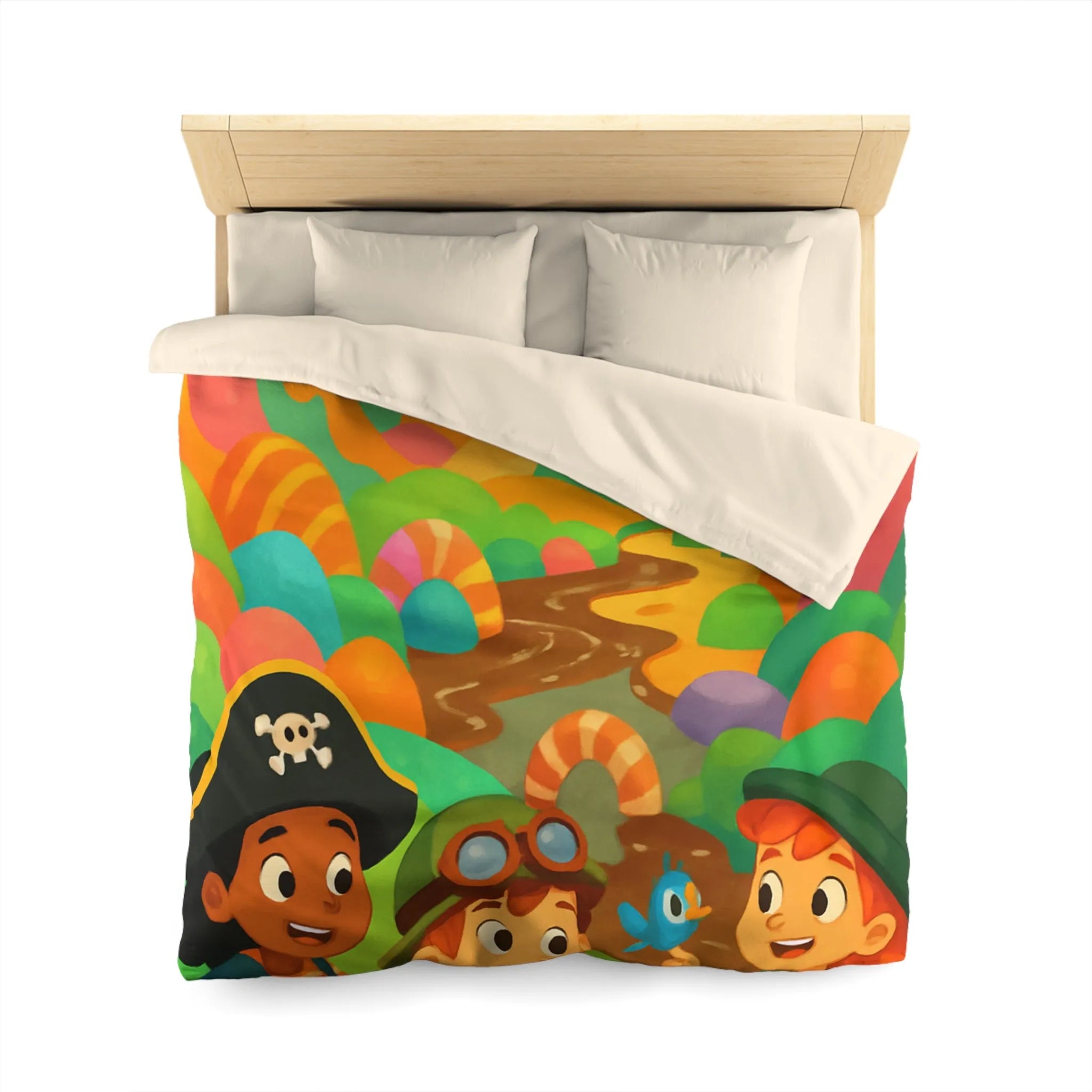 Housse de couette ludique pour enfants avec château et aventuriers aux couleurs vives