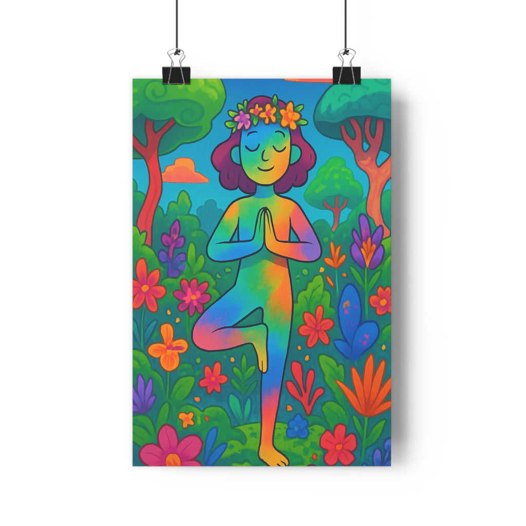 Poster décoratif floral yoga cartoon vert bleu rose joyeux sérénité salon chambre bureau surréaliste