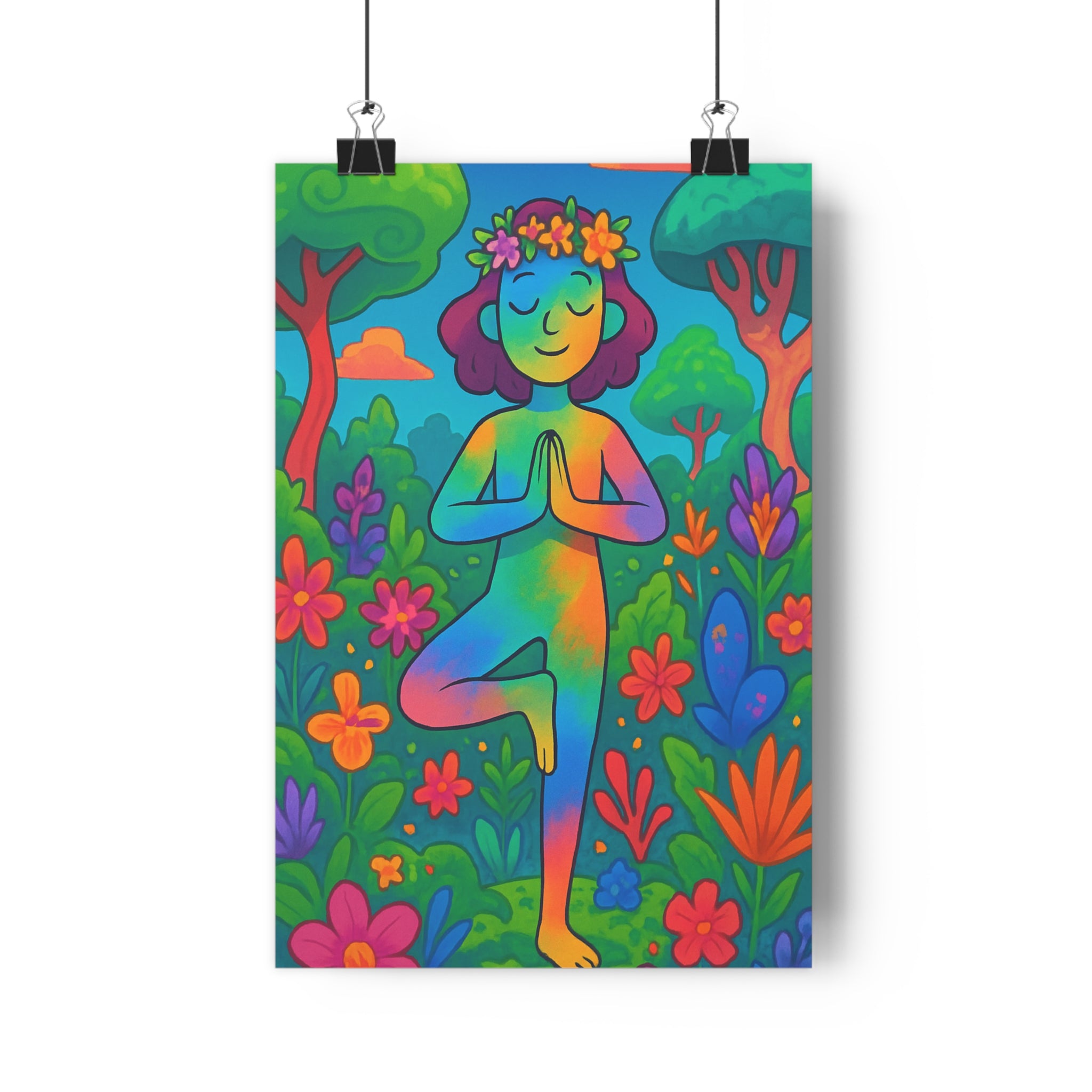 Poster décoratif floral yoga cartoon vert bleu rose joyeux sérénité salon chambre bureau surréaliste