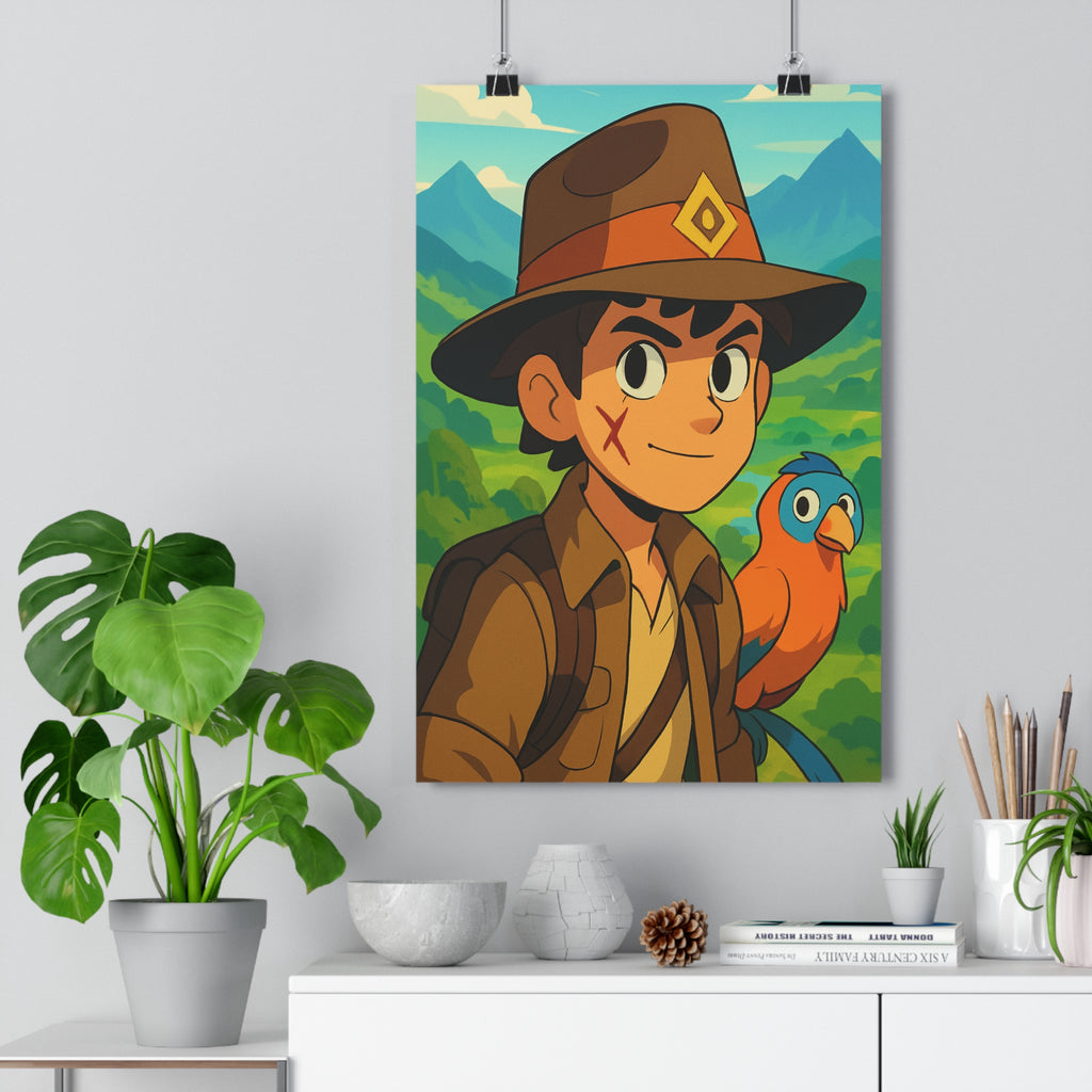 Poster décoratif aventurier perroquet bleu orange cartoon aventure chambre enfant vibrant montagne ciel qualité