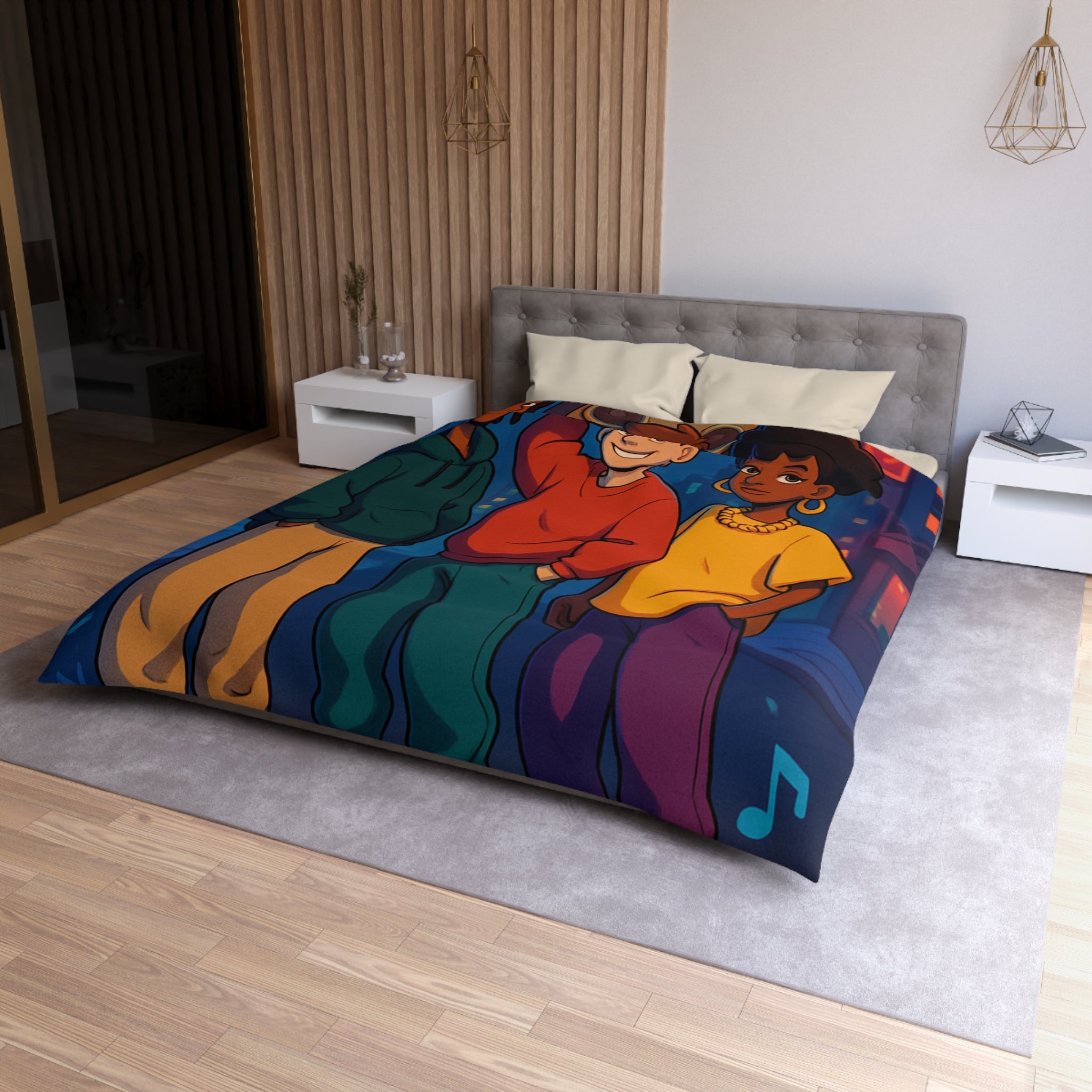 Housse de couette urbaine colorée avec adolescents et radio cassette dans la rue nocturne