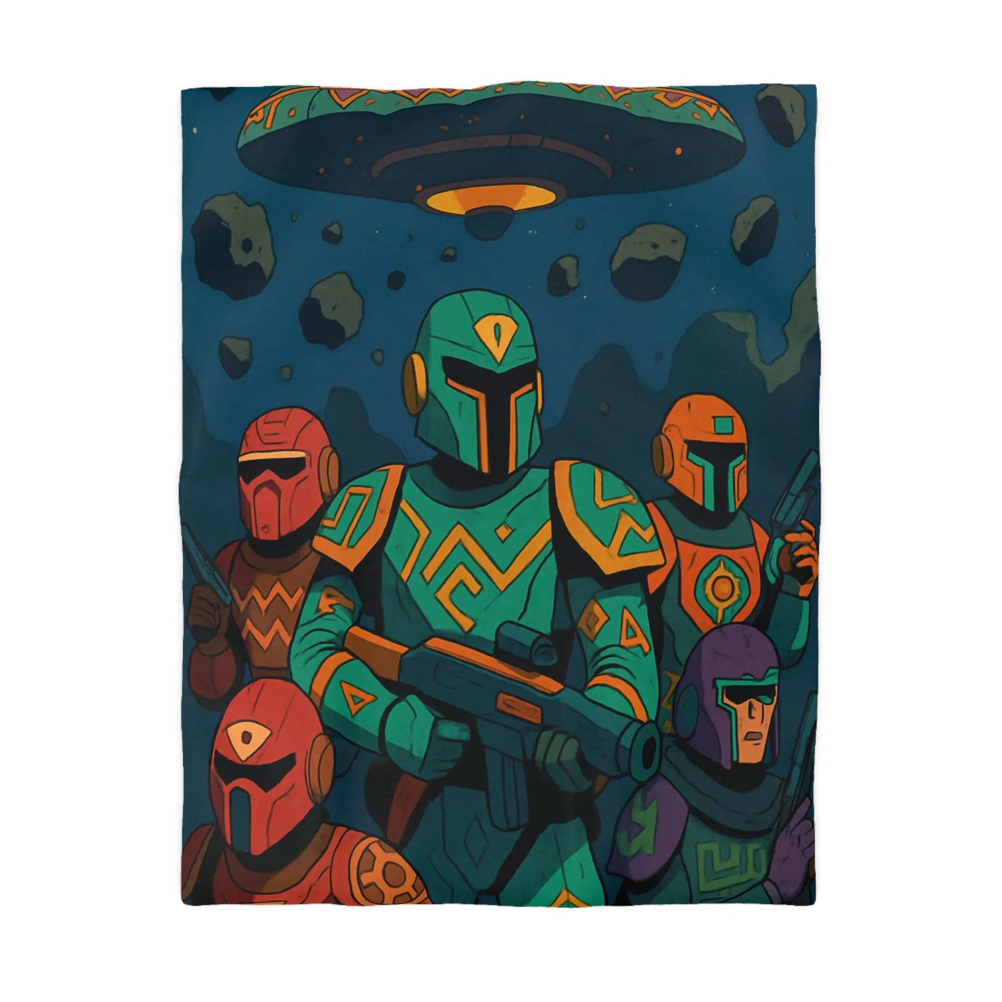 Housse de couette avec motifs futuristes colorés inspirés de guerriers et OVNI