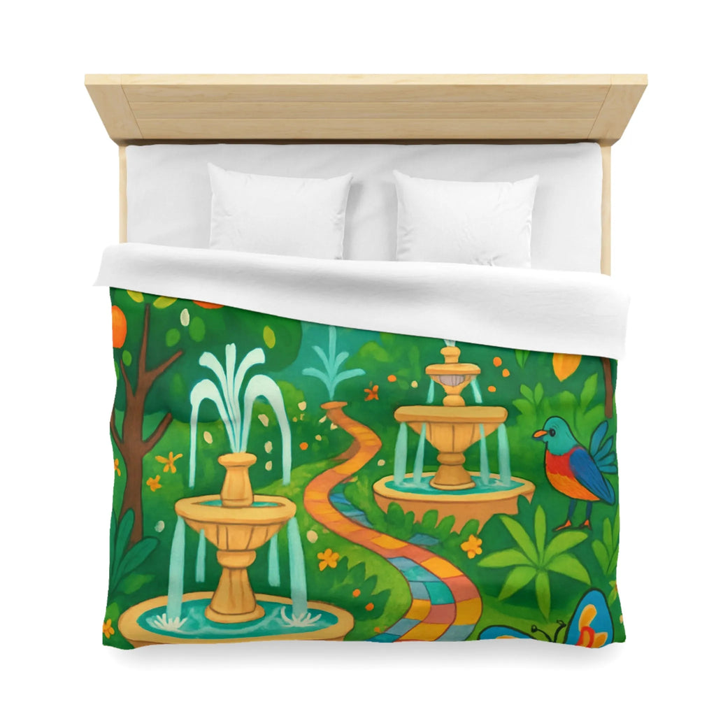 Housse de couette colorée avec oiseaux et fontaines dans jardin tropical vibrant