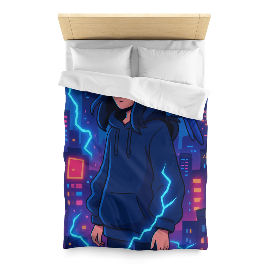 Tendance housse de couette bleu foncé avec motif urbain et perroquet électrique