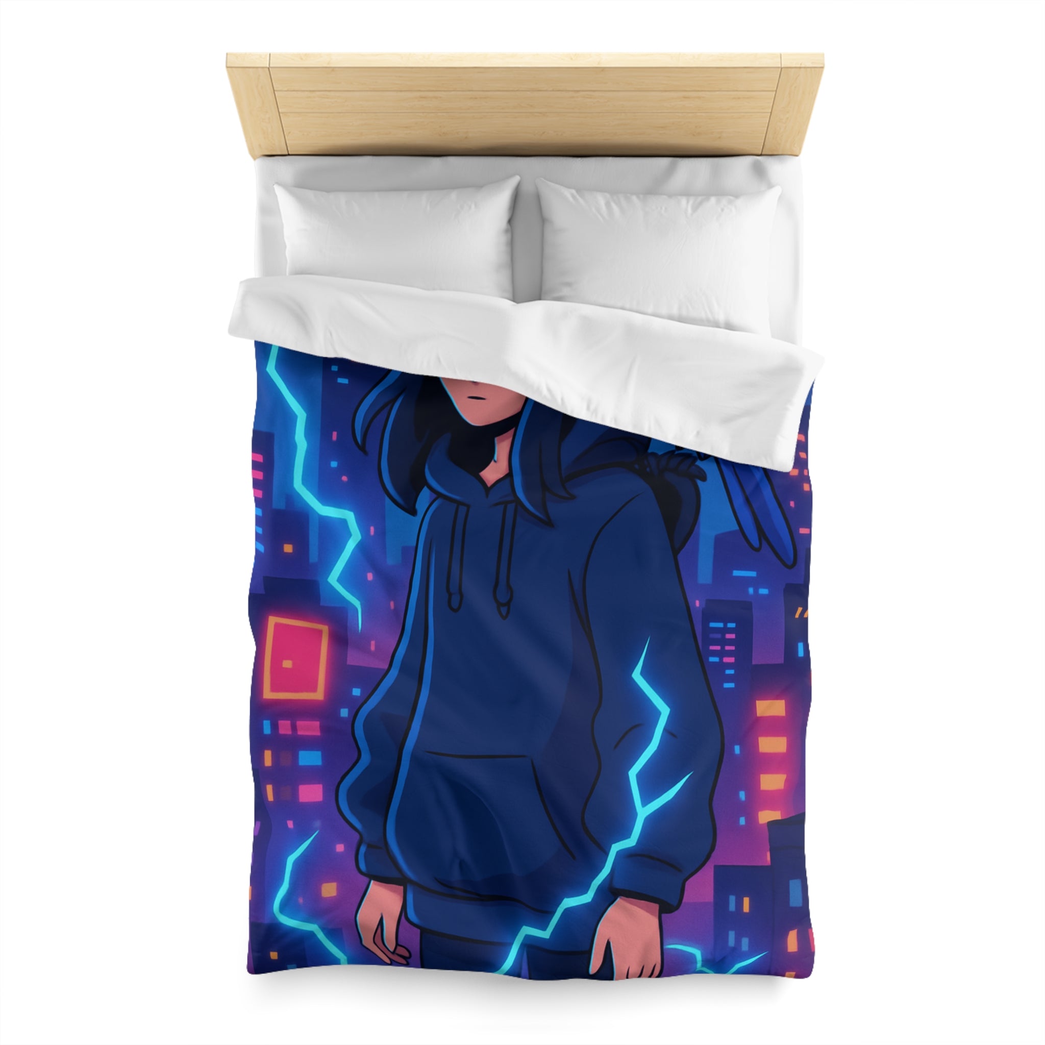 Tendance housse de couette bleu foncé avec motif urbain et perroquet électrique