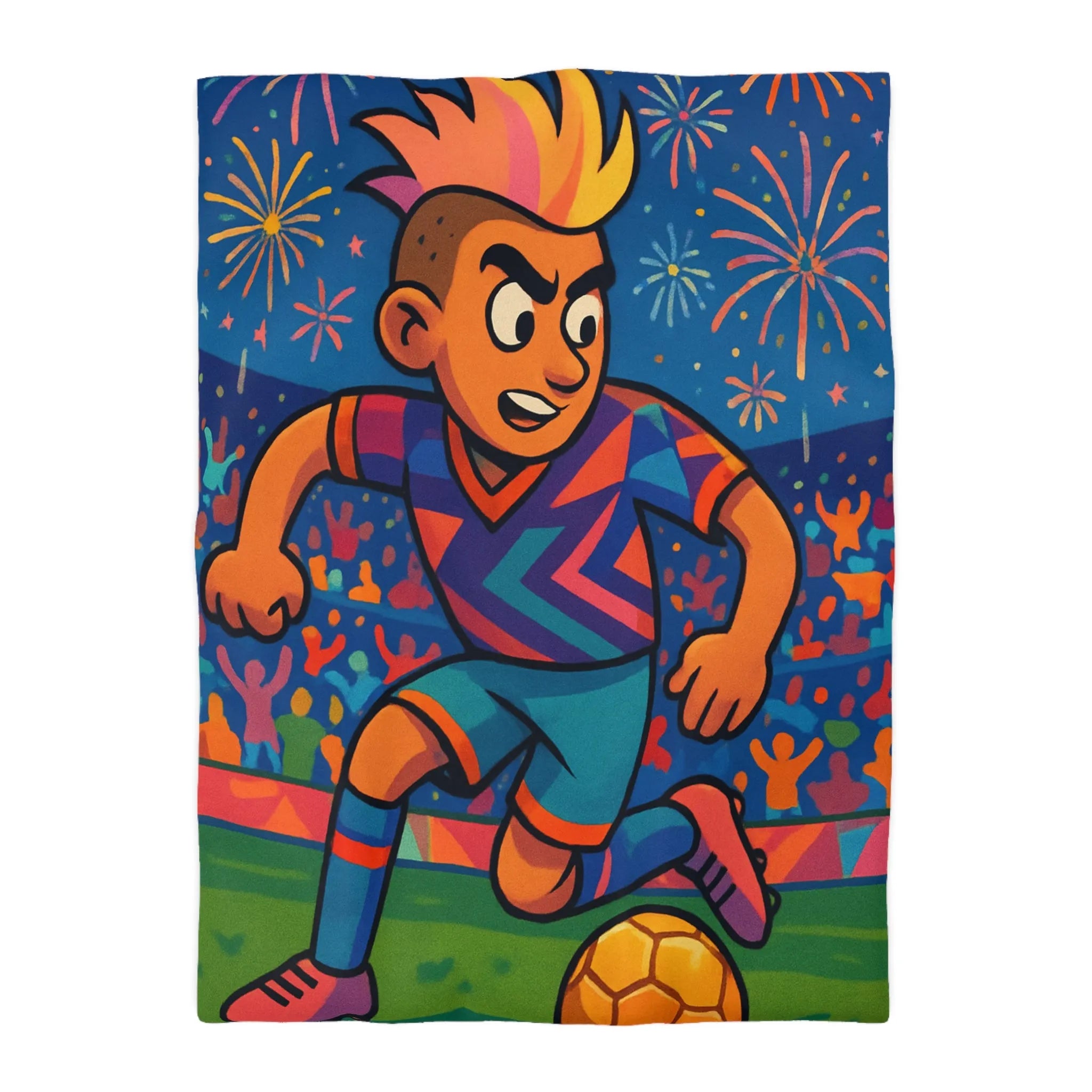 Housse de Couette Enfant Footballeur, Éclats de Couleurs, Feux d’Artifice, Terrain de Foot