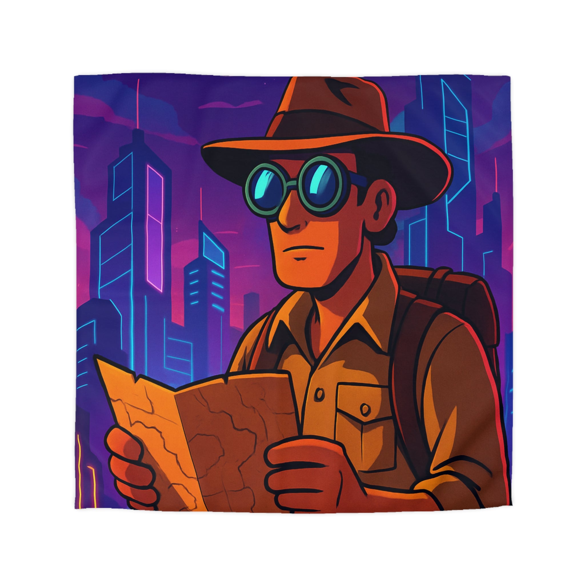 Housse de couette rétro futuriste avec explorateur urbain et voiture volante néon