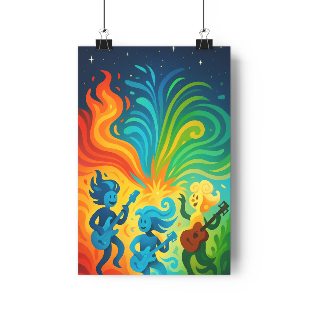 Poster décoratif coloré surréalisme cartoon flammes vagues salon chambre musique joyeux vibrant 30x46 cm
