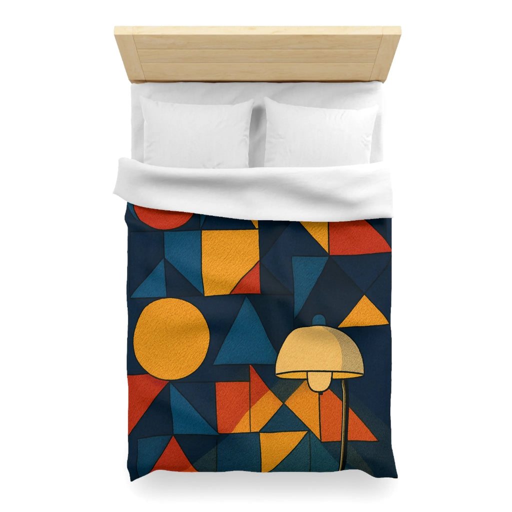 Housse de couette géométrique moderne multicolore avec motifs rétro et ambiance chaleureuse éclairée