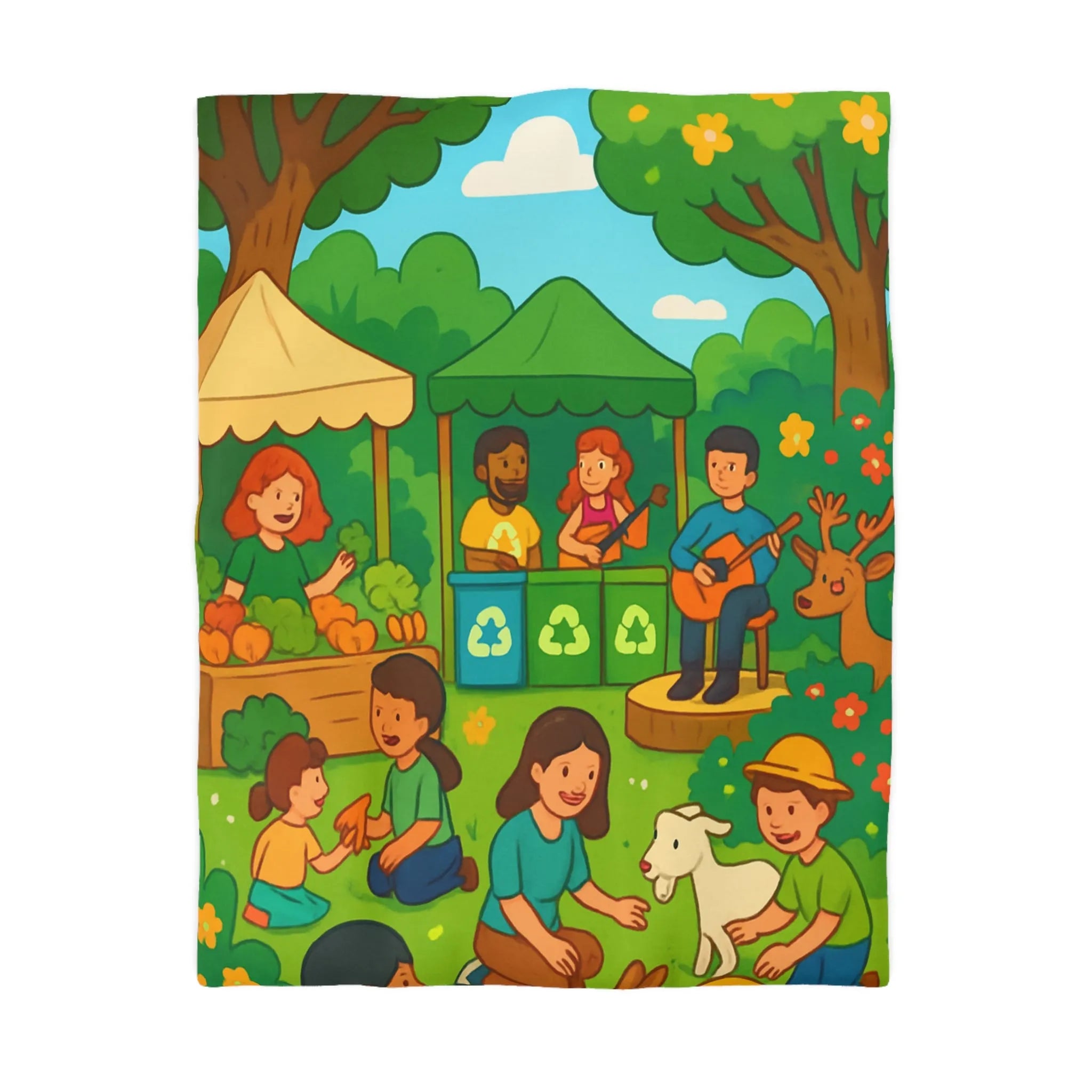 Housse de Couette Enfant Champêtre Animée avec Animaux et Marché en Été