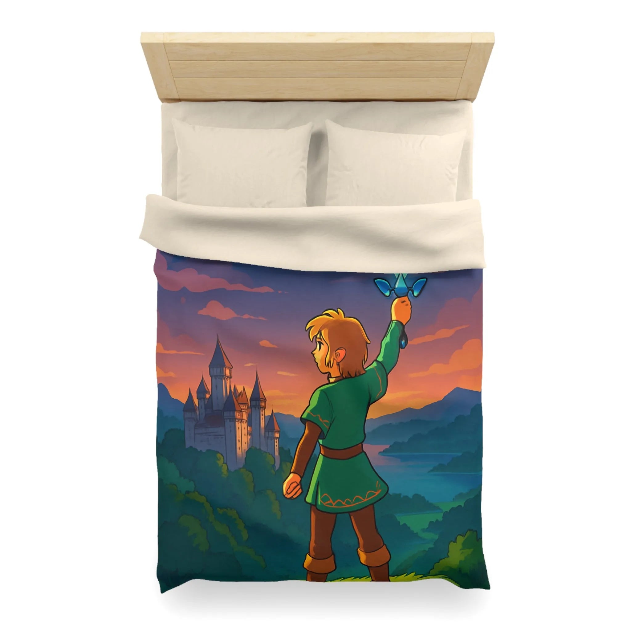 Housse de Couette Fantasy avec Épée, Château et Oiseau au Coucher de Soleil